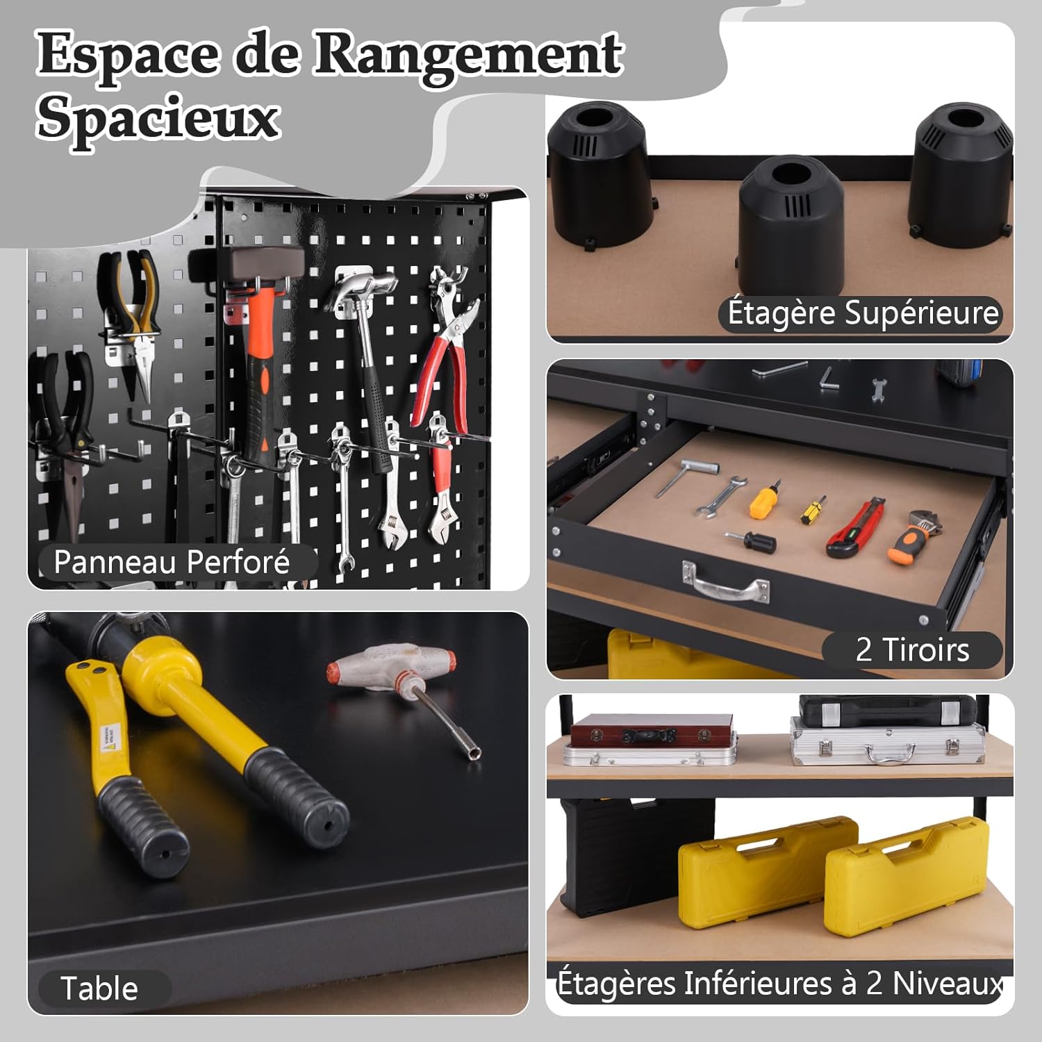 Bancada de Trabalho com Painel Perfurado, Mesa de Trabalho com Gavetas, Prateleiras, 23 Ganchos, Suporte para Chave de Fendas, Carga de 230 kg, 121 x - 6
