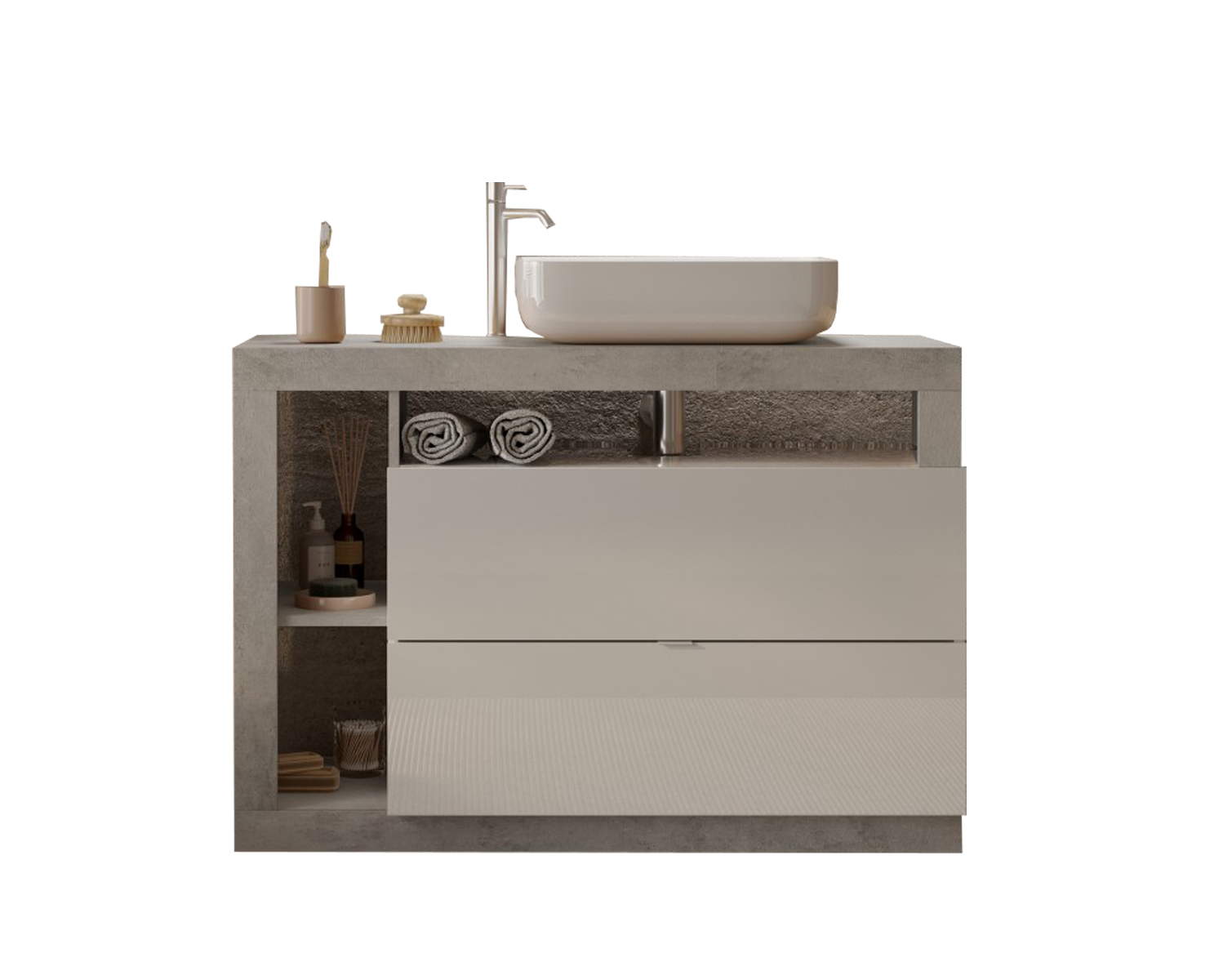 Meuble salle de bain HAMBURG blanc brillant, béton 110 x 79 x 49 cm