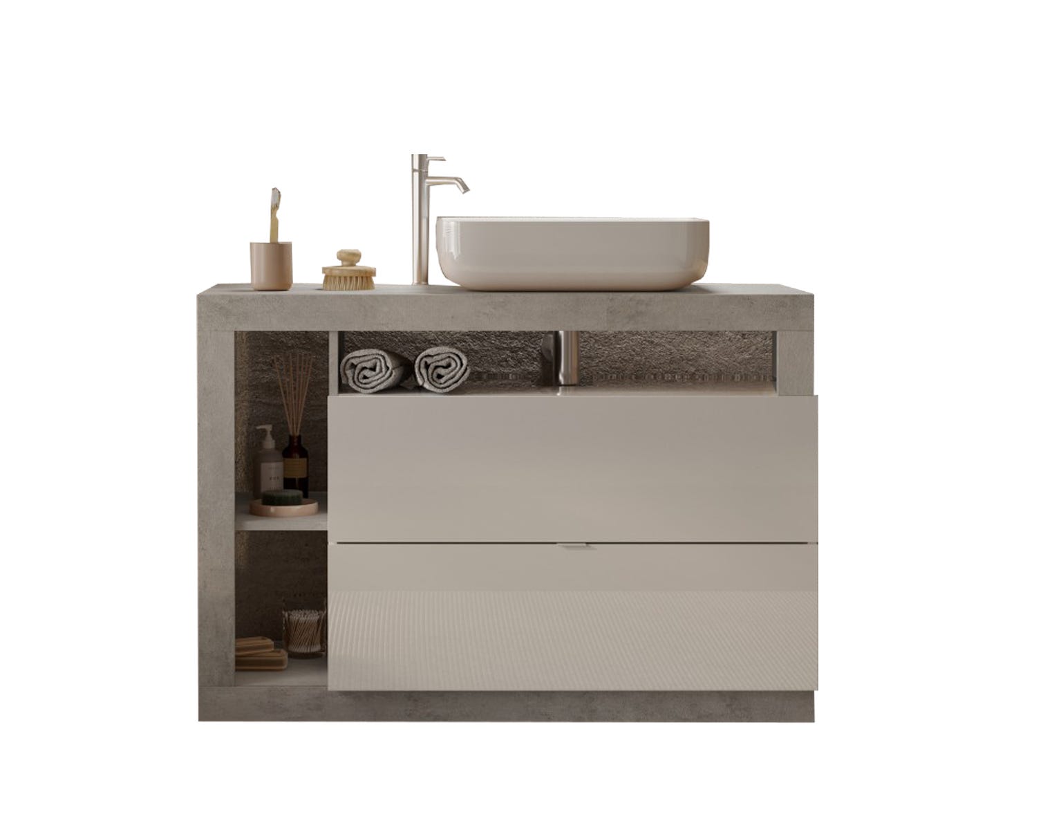 Meuble salle de bain HAMBURG blanc brillant, béton 110 x 79 x 49 cm