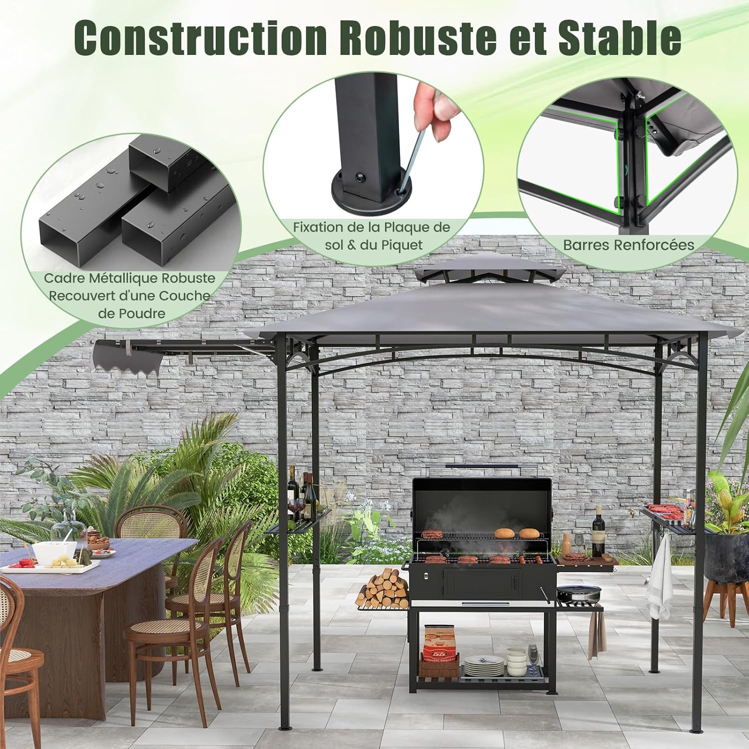 Tonnelle de Barbecue 318 x 153 cm avec Auvent Latéral, Abri Barbecue Cadre en Métal avec Dessus à 2 Niveaux 2 Etagères Latérales pour Jardin - 3