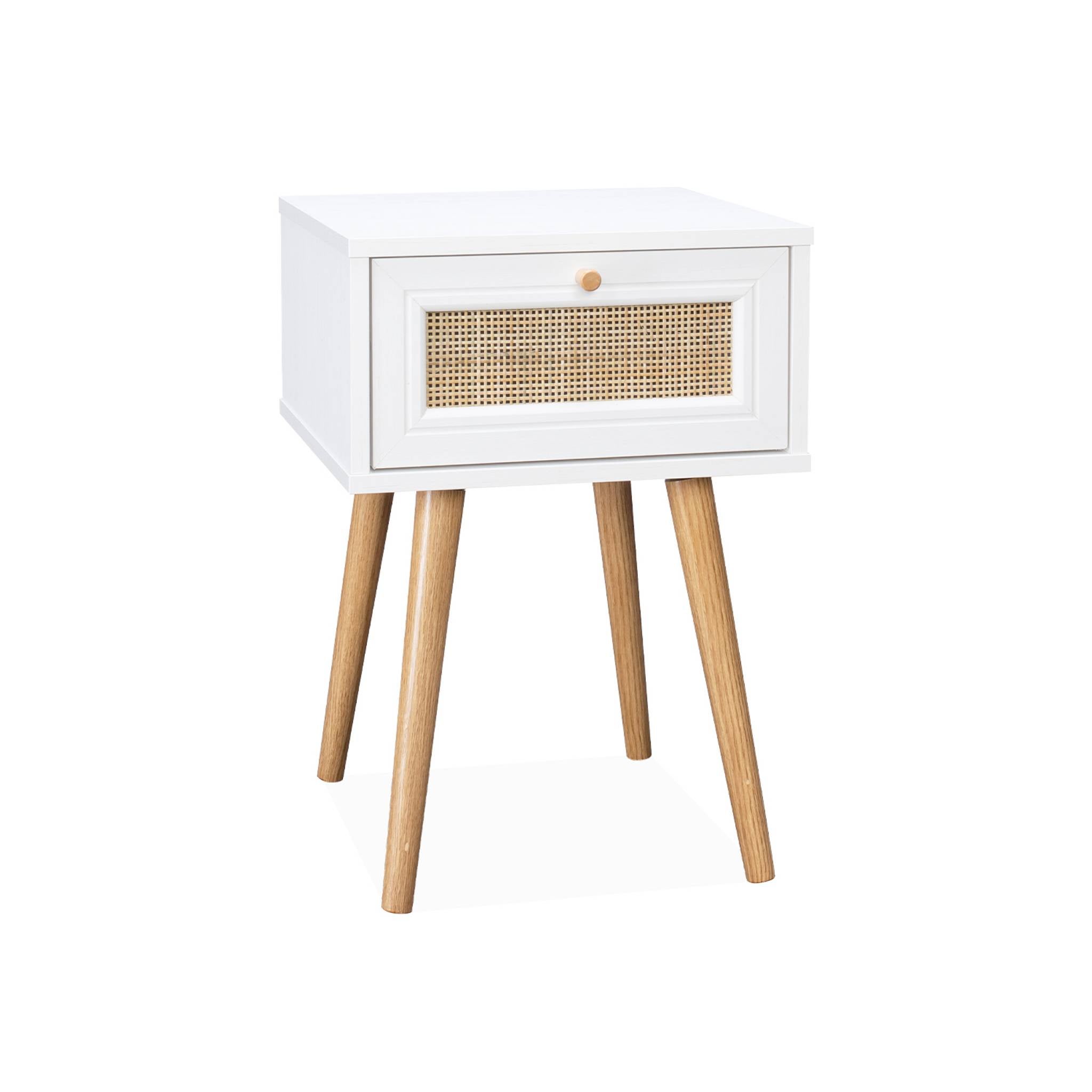 Mesita de noche de 1 cajón con efecto madera y caña, set de 2, Blanco roto - 6