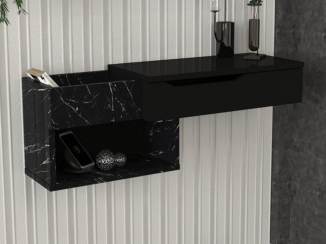 Konsola wisząca z 1 szufladą i z 2 wnękami - Efekt czarnego marmuru - DAREKA