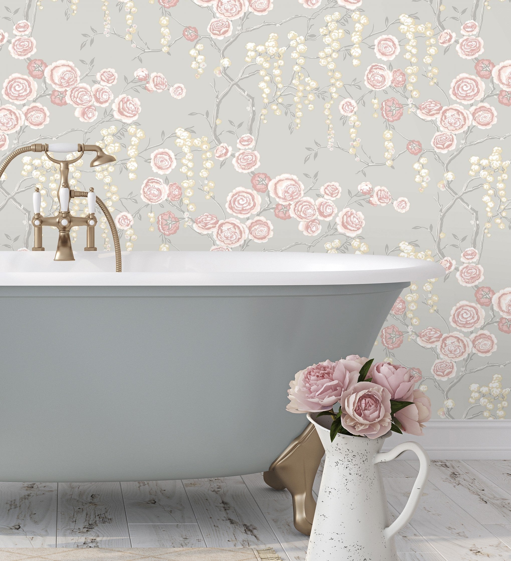 Papel pintado vinílico ecológico rosas coral y amarillas fondo gris claro - olivia bloom 679679 de gaulan - rollo de 10 m x 0,53 m