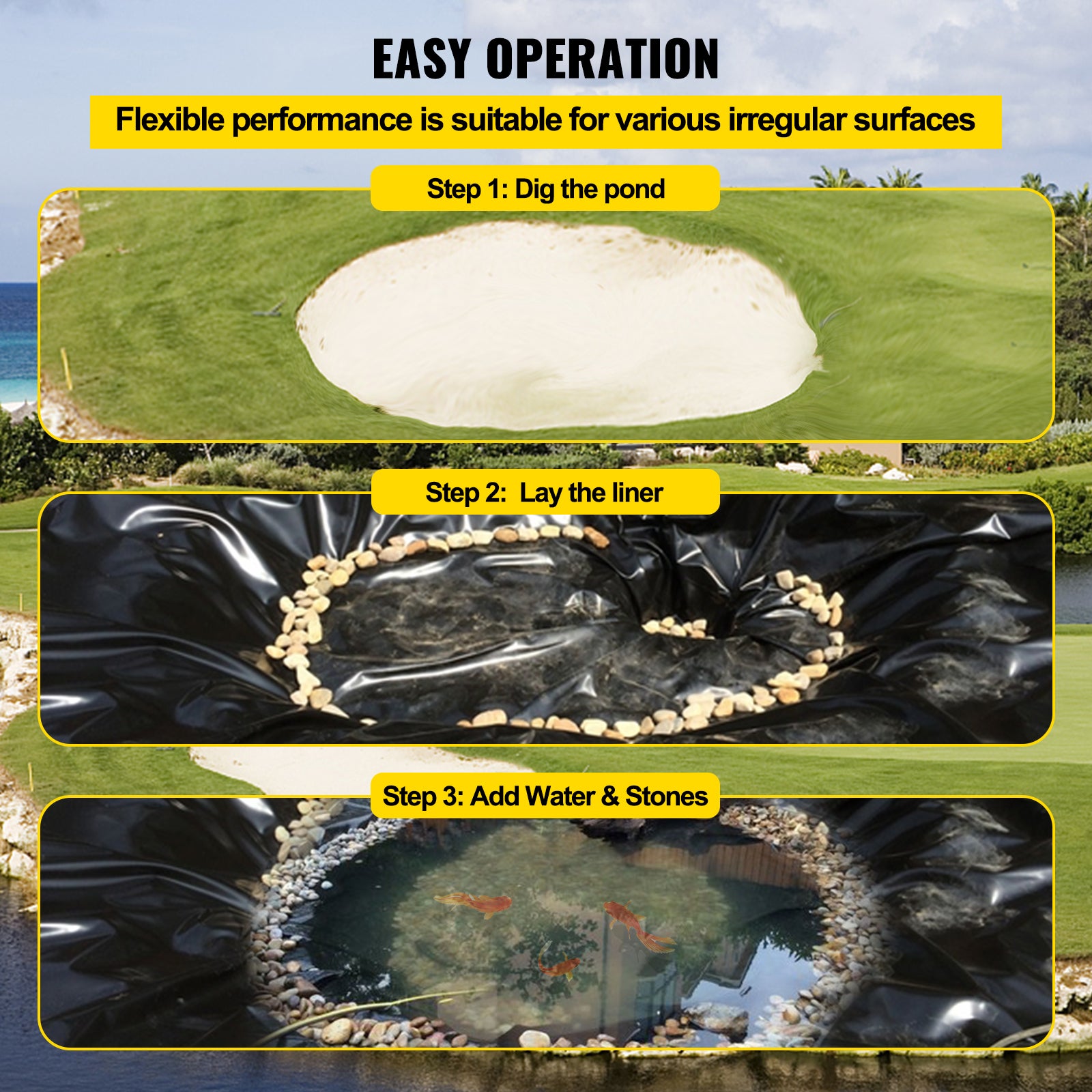 Revêtement d'étang LLDPE VEVOR 4,5 x 6,1 m,revêtement d'étang 20 mil 0,5 mm,revêtement d'étang à poissons étanche anti-fuite résistance flexibilité - 4
