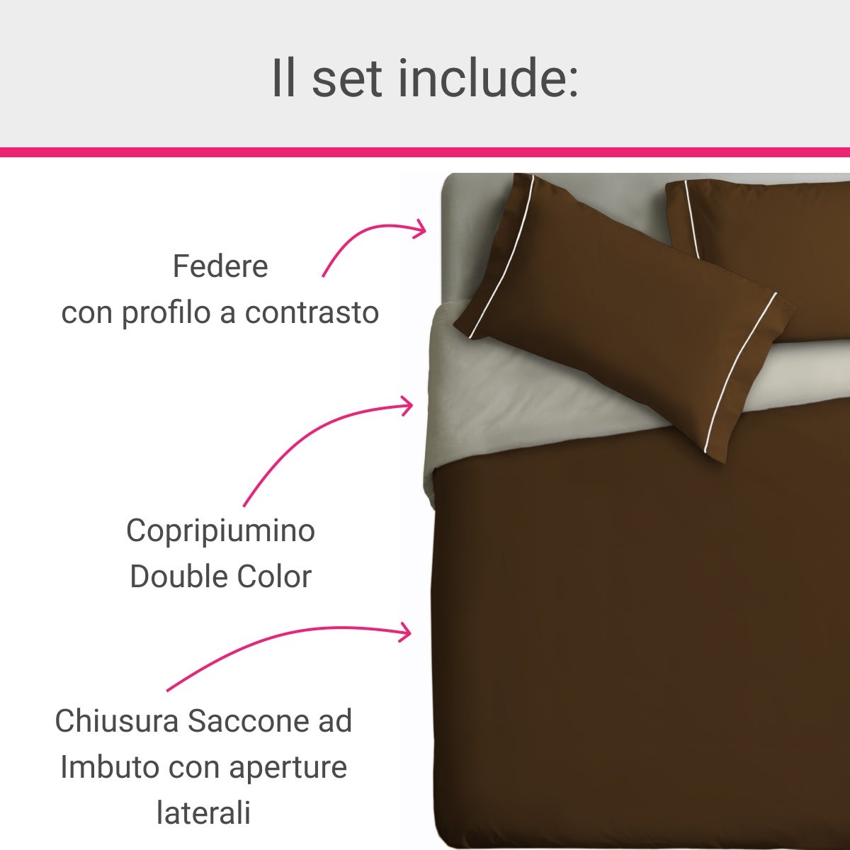 IPERSAN Parure Copripiumino Double-Color in 100% puro cotone, 1 Piazza e mezzo, tinta unita, Tortora/Panna - 3