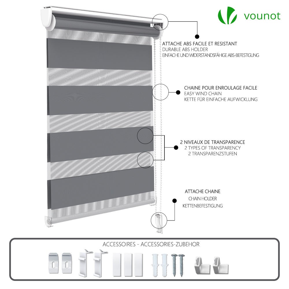 Lot de 2 Stores enrouleur jour/nuit gris - 90x150cm - sans perçage ou avec - VOUNOT® - 7