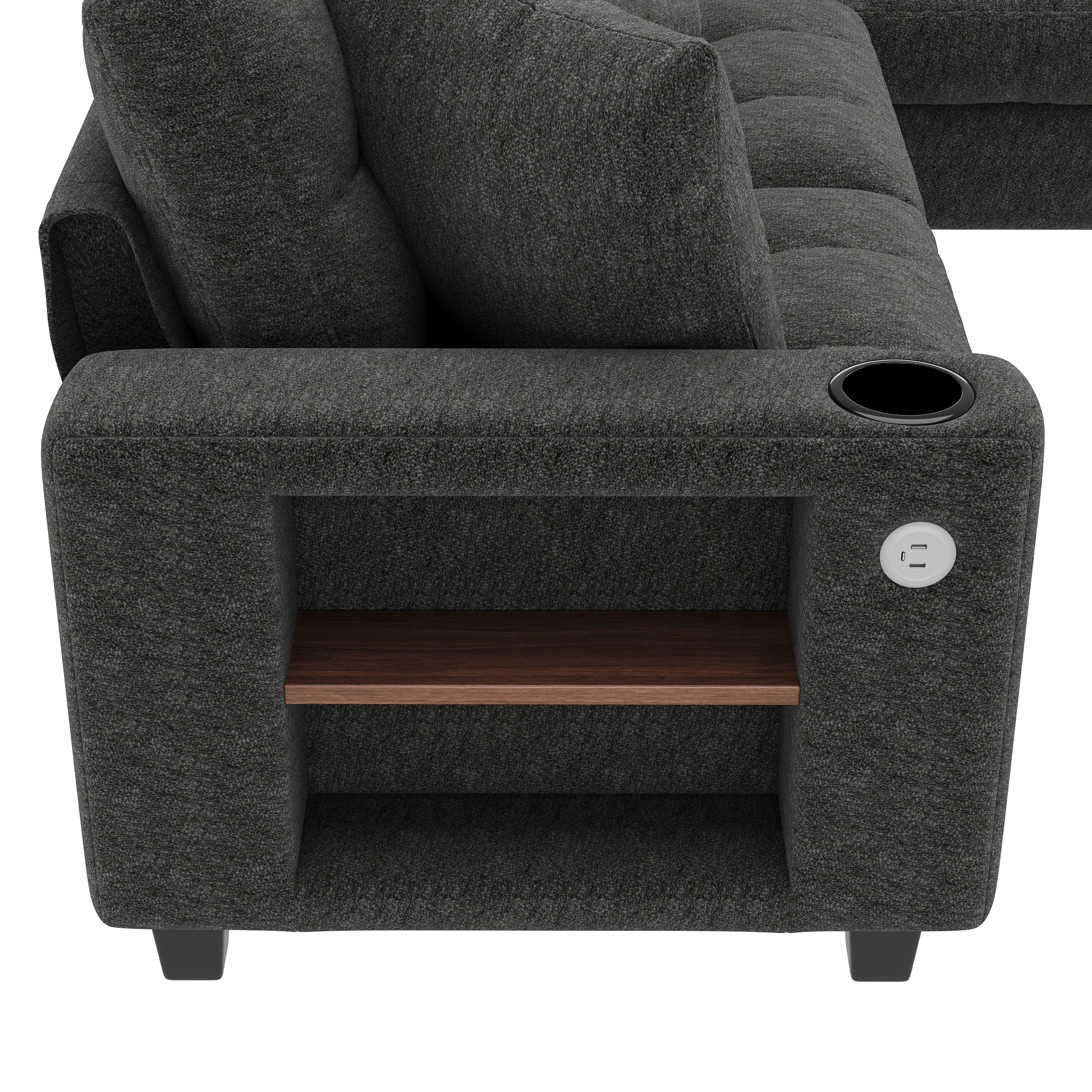 Canapé d'Angle XXL Modulaire en U, 6 Places en Chenille avec Accoudoirs Bibliothèque, Pouf Amovible, Porte-Gobelets et Ports USB/USB-C Intégrés, Gris - 9