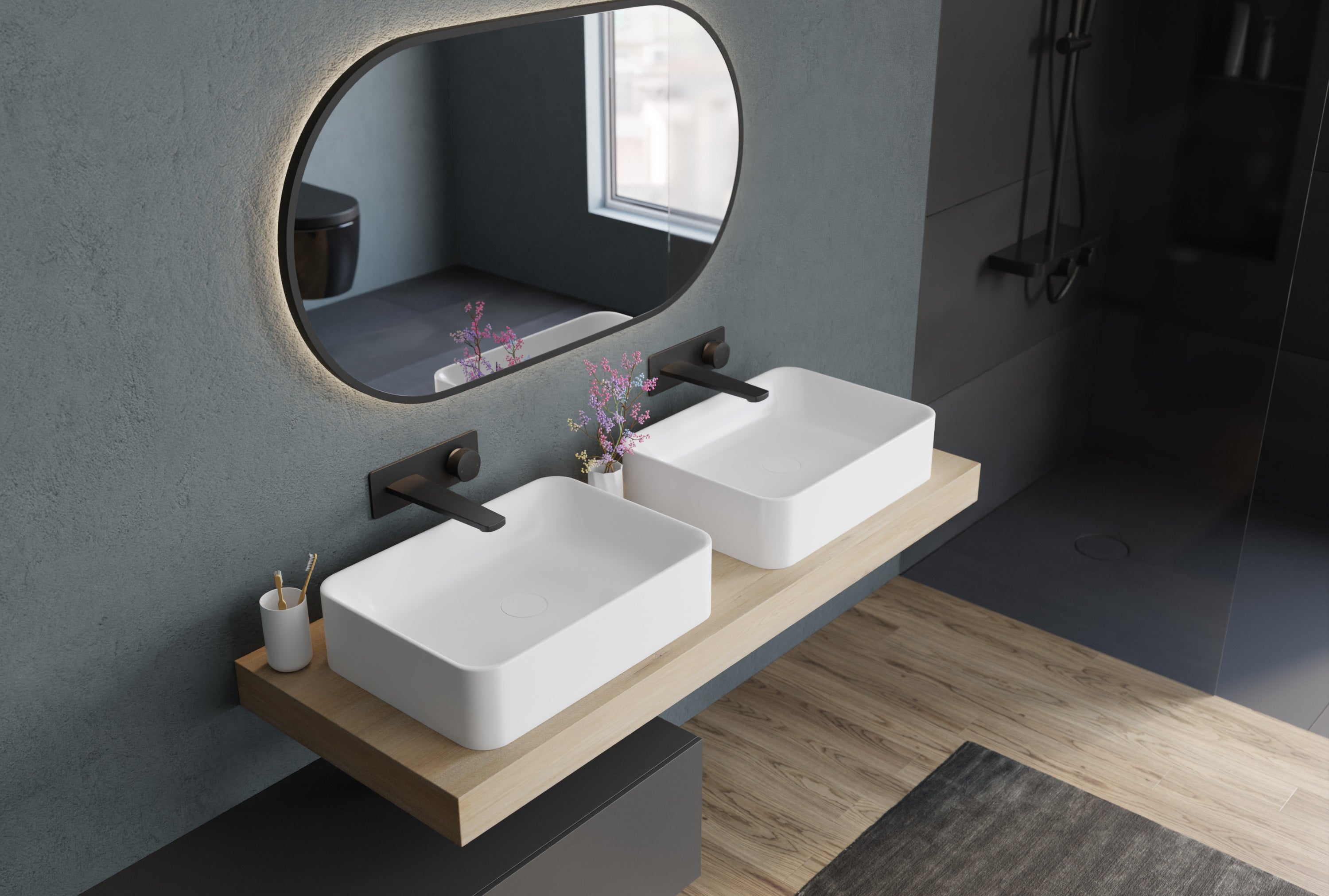 Bernstein Umywalka nablatowa NT8566 odlew mineralny - 50x36x12,5 cm - biały mat - Zestaw odpływowy pop-up i nakładka biała