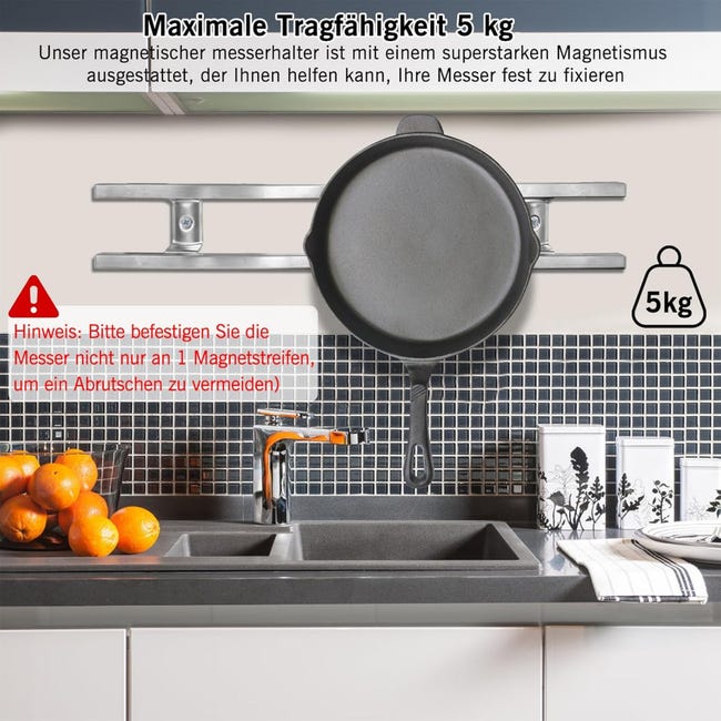 Porte-Couteaux Magnétique 40cm avec 4 Crochets - Support Magnétique en Acier Inoxydable pour Couteaux de Cuisine - 3