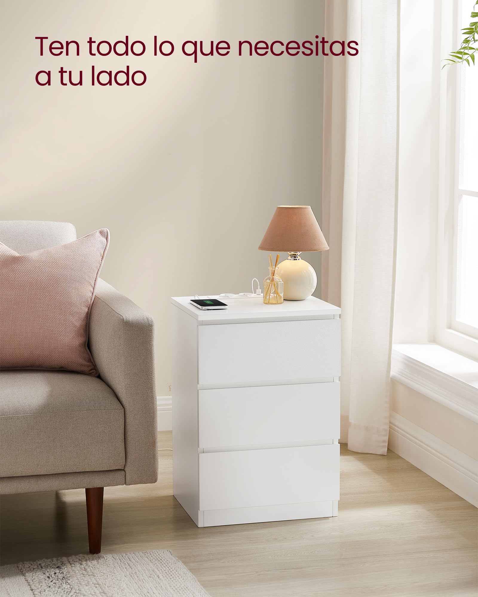 Juego de 2 mesitas de noche modernas con estación de carga - 3 cajones, 2 tomas de corriente, 2 puertos usb, ideal para dormitorio, blanco nube - 3