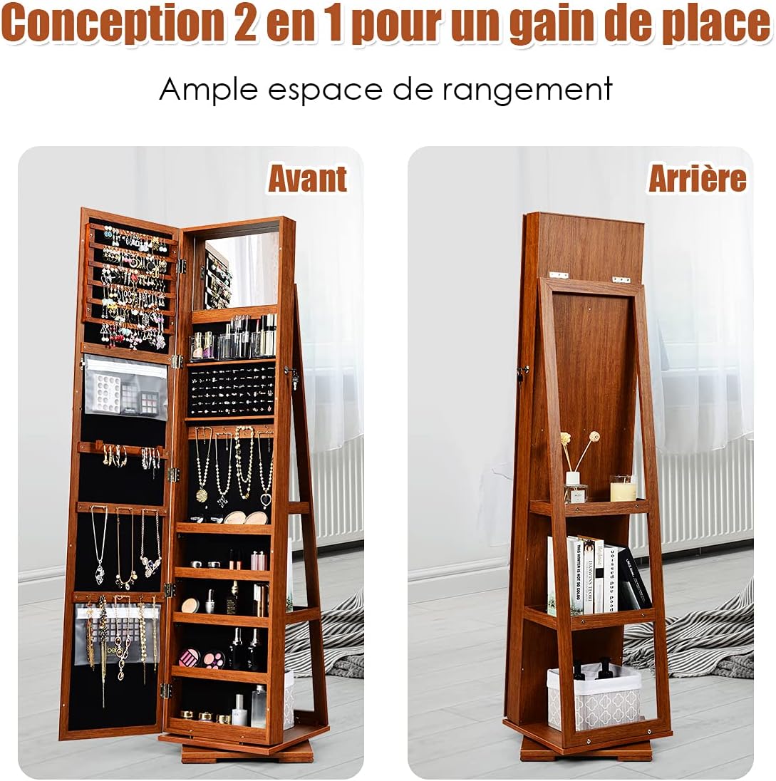 Armoire à Bijoux Pivotante à 360 Degrés sur Pieds,avec Grand Miroir Psyché et Etagère de Rangement à L’Arrière (Marron) - 6