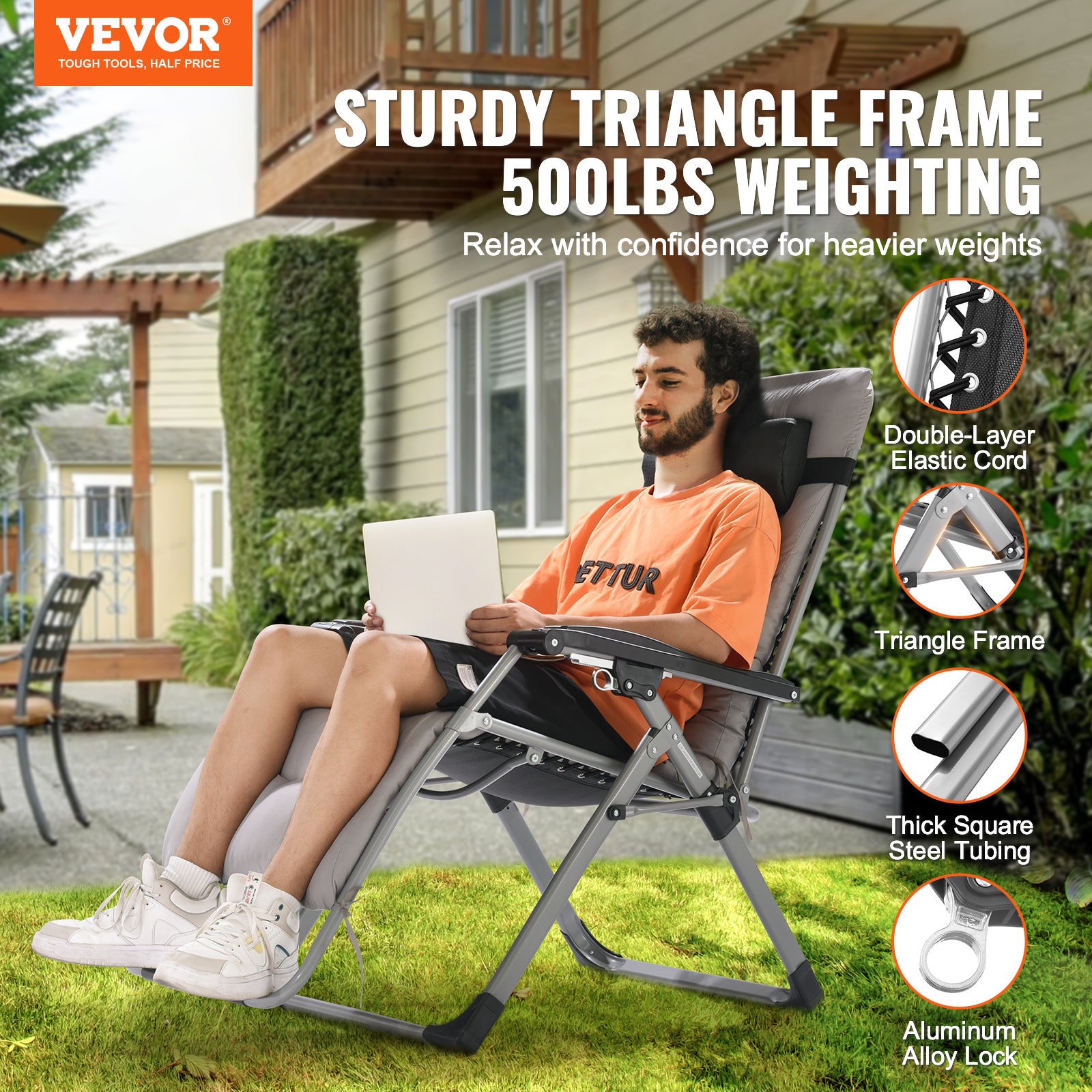 Fauteuil inclinable Zero Gravity,VEVOR 645 mm,inclinable,réglable,avec coussin de siège,appui-tête,repose-pieds,porte-gobelet,500 lb,gris - 2