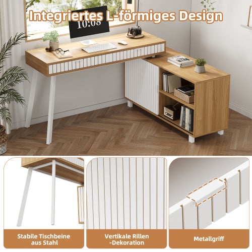 Bureau en L 140x120x76,5cm, style moderne, motif à rayures verticales, pieds en acier, deux tiroirs, grand espace de rangement - 5
