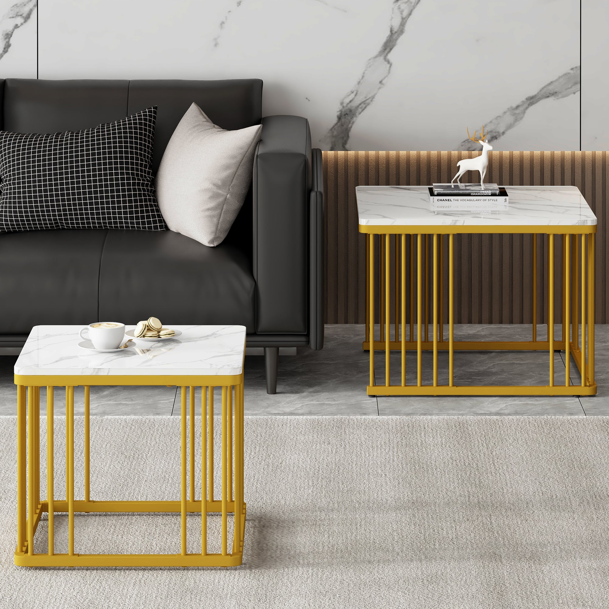 Zestaw 2 kwadratowych stolików kawowych - 60 x 60 x 45 cm + 45 x 45 x 40 cm - Płyta MDF - Efekt marmuru - Biały - 4