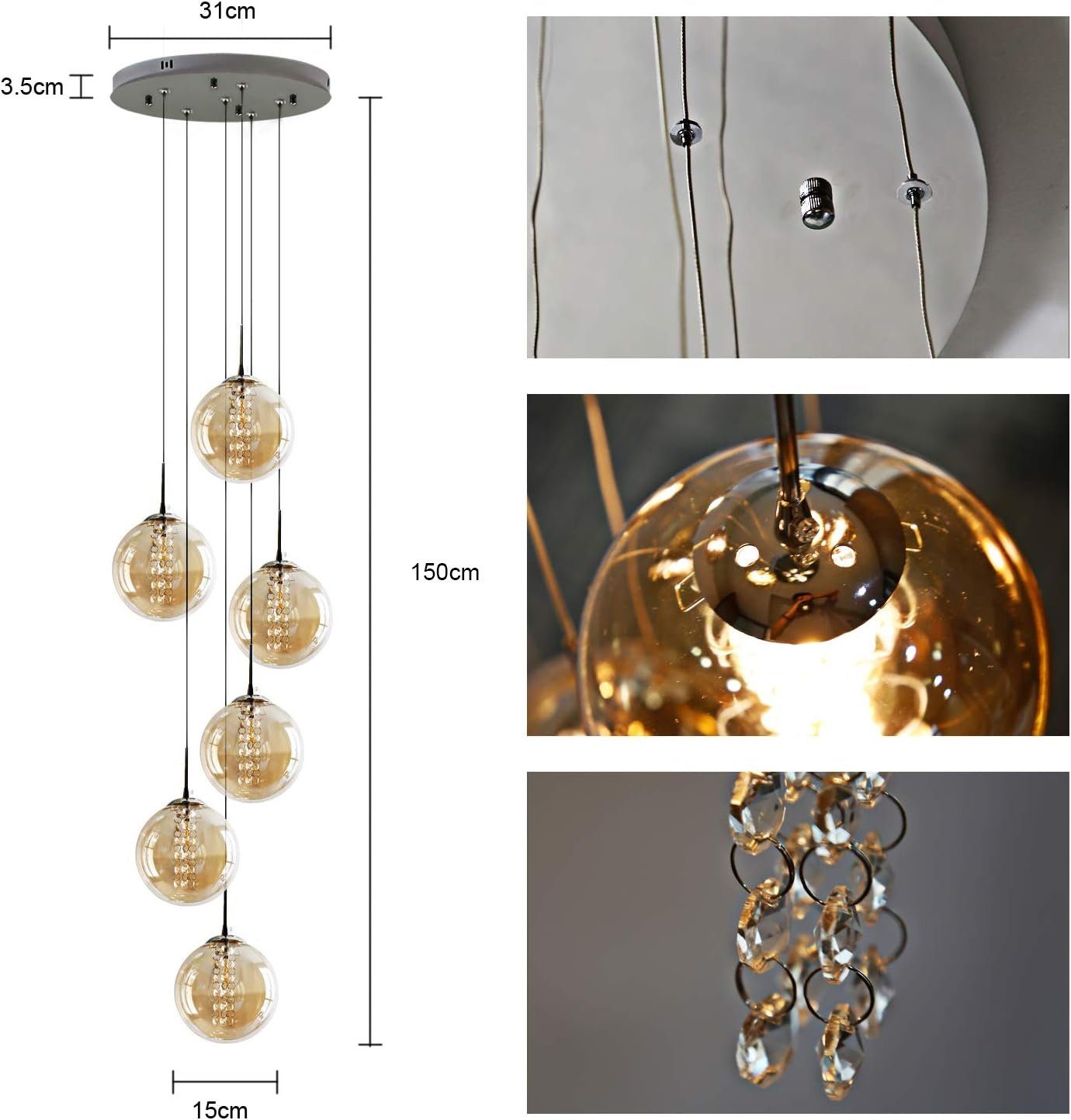 NETTLIFE Kryształowa lampa wisząca o średnicy 31 cm G9 Bursztynowa kula stołowa Regulowana wysokość 6 lamp w salonie Lampa do sypialni - 4