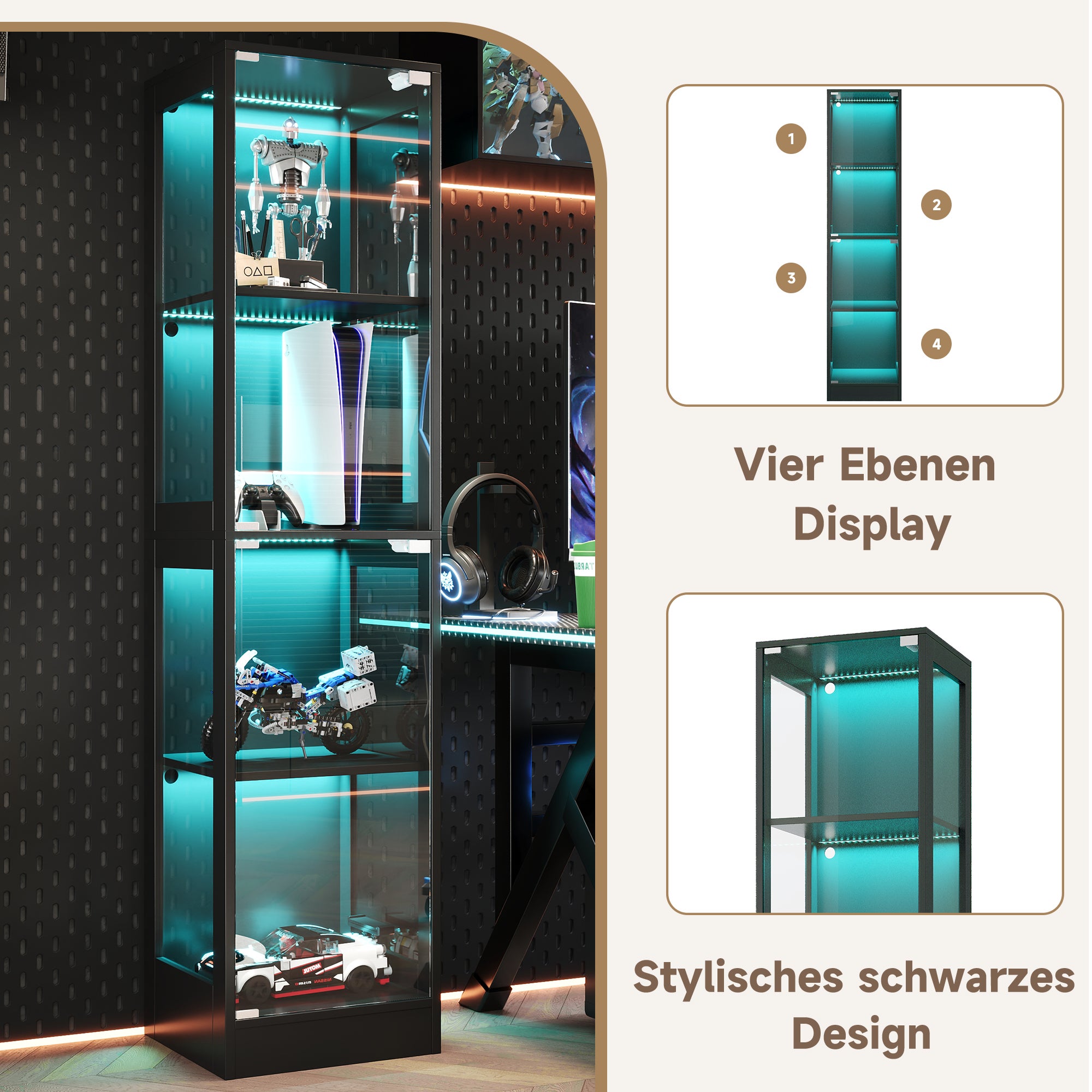 Vitrine en verre 40x35x170cm - Quatre niveaux de rangement - Éclairage LED contrôlable par App - 2 portes - MDF - Noir - 6