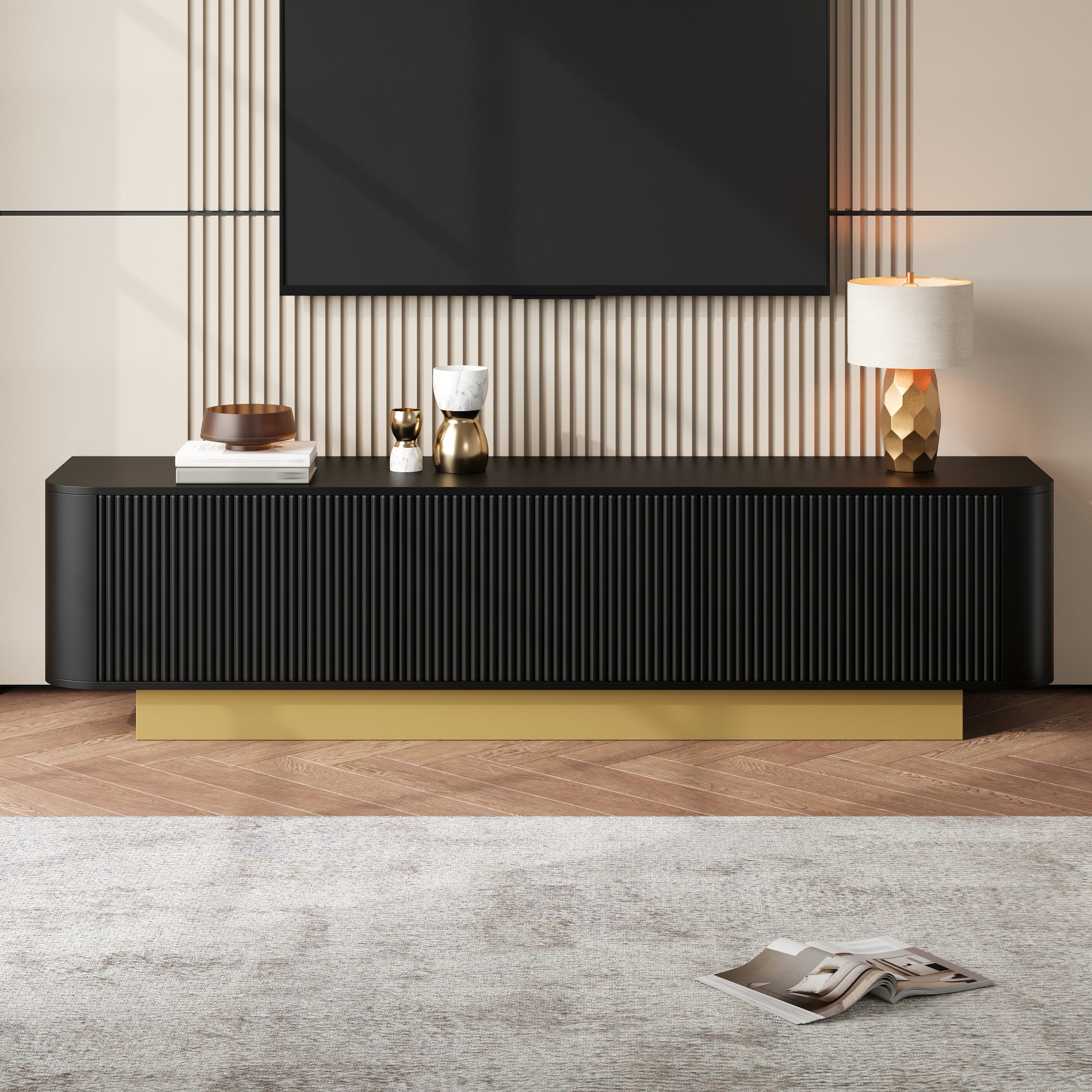Nowoczesne meble TV 170x40x47cm - Okrągły design - 3 drzwi - Półki regulowane - Czarny