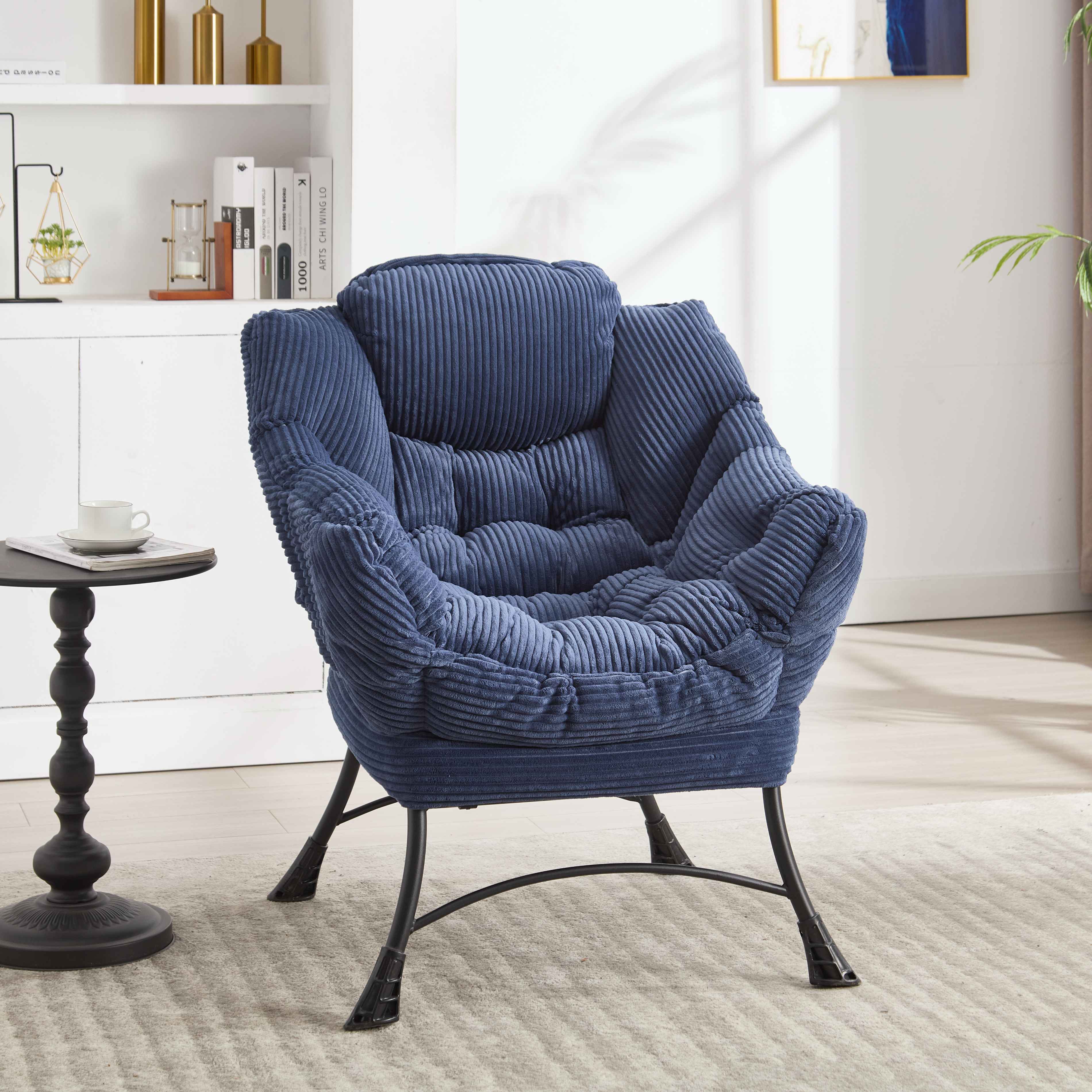Chaise Longue Ergonomique avec Ottoman et Pochette Latérale, Fauteuil Lounge Confortable en Coton PP, Relaxation et Rangement Pratique, Bleu marine - 2