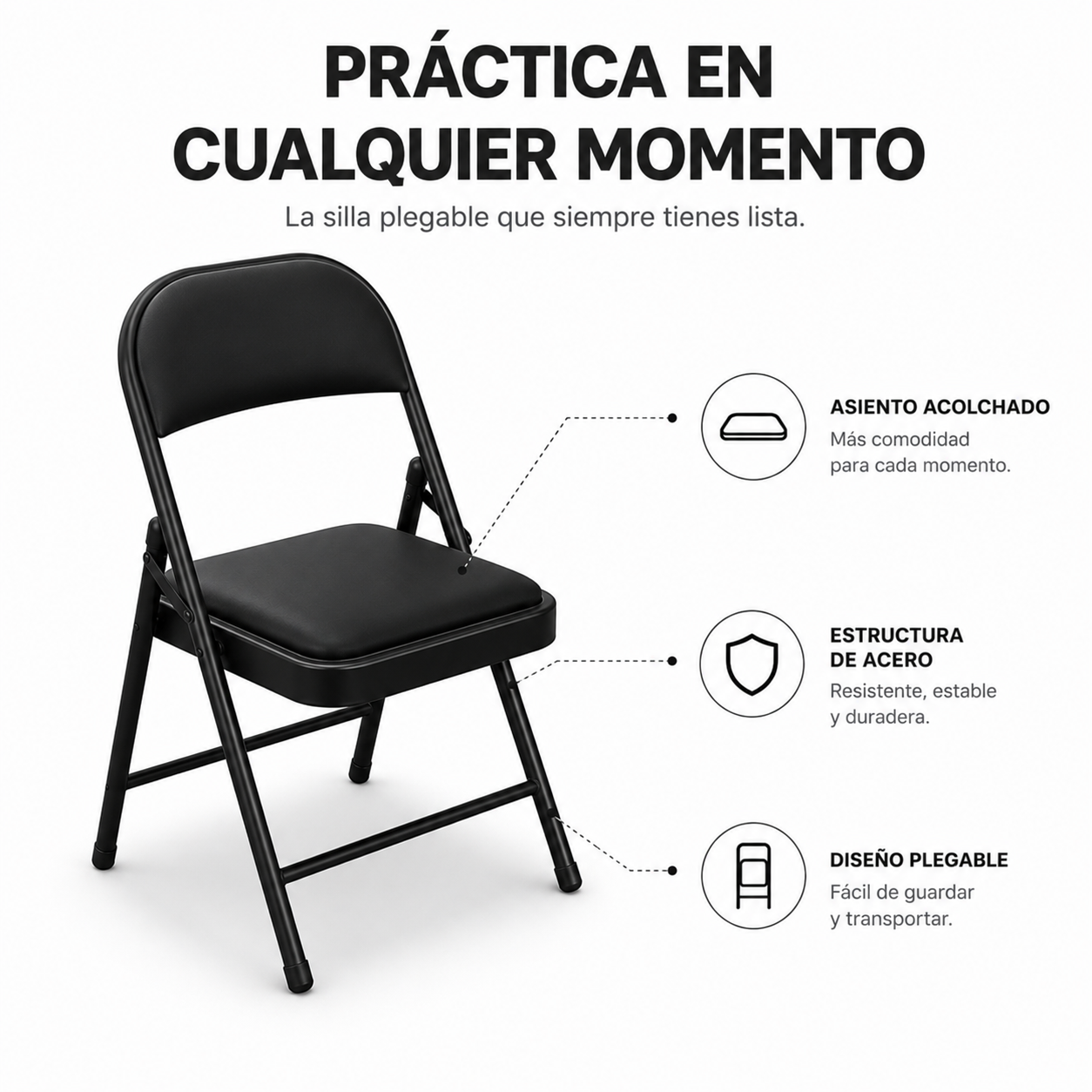 Silla Plegable Acolchada De Acero Negro - 2
