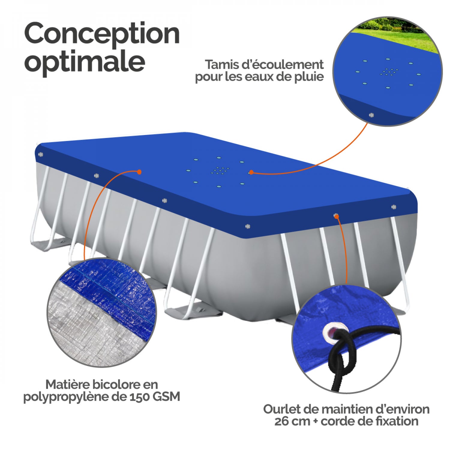 Bâche de protection réversible 4 saisons pour piscine hors sol - Rectangle 2,44 x 4,88 m - 150 gsm - Bleu et gris - Linxor - 4