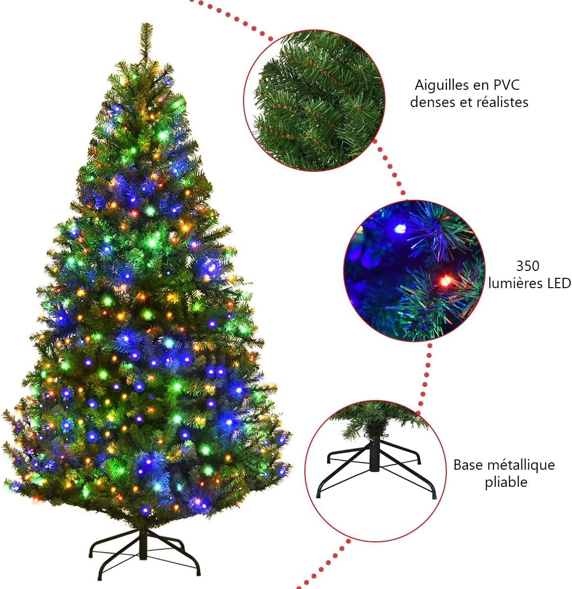 180 CM Sapin de Noël Artificiel Lumineux 350 LED Multicolore, 11 Modes d'Eclairage, 1000 Branches en PVC Ignifugé, Pied en Métal, Décoration Noël - 3