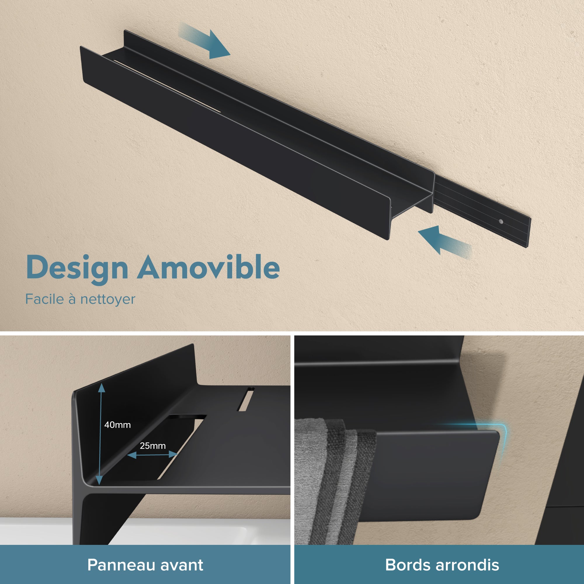 doporro Serviteur de Douche Mural Amovible avec Porte-Serviettes Étagère Douche Noir Mat Organisateur de Toilettes pour Salle de Bain Reglo-03 - 6