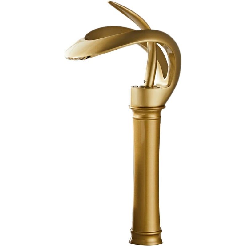 Złoty kran umywalkowy, kran wodospadowy z jednym uchwytem, kran łazienkowy do wody ciepłej/zimnej, mosiądz, wysoki styl.