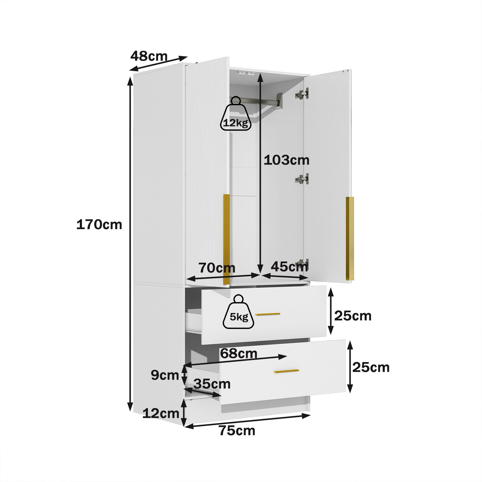 Armoire miroir avec 2 portes, 2 tiroirs et penderie, Armoire à vêtement avec LED, Chambre, 75x48x170, blanc - 3