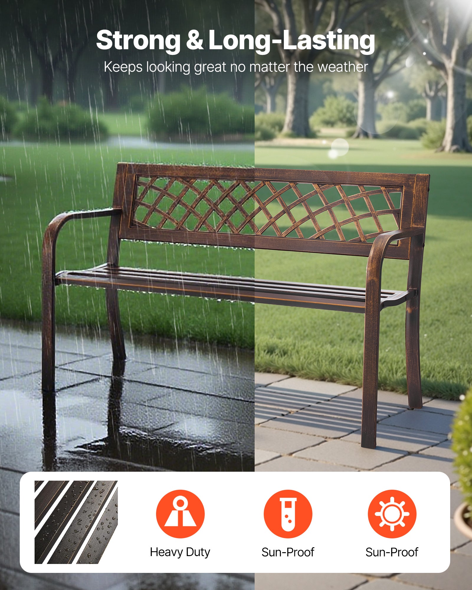 Banc de jardin,VEVOR 116 cm,en acier carbone avec dossier en maille PVC et accoudoirs à bords arrondis,pour terrasse,parc,bronze antique - 2