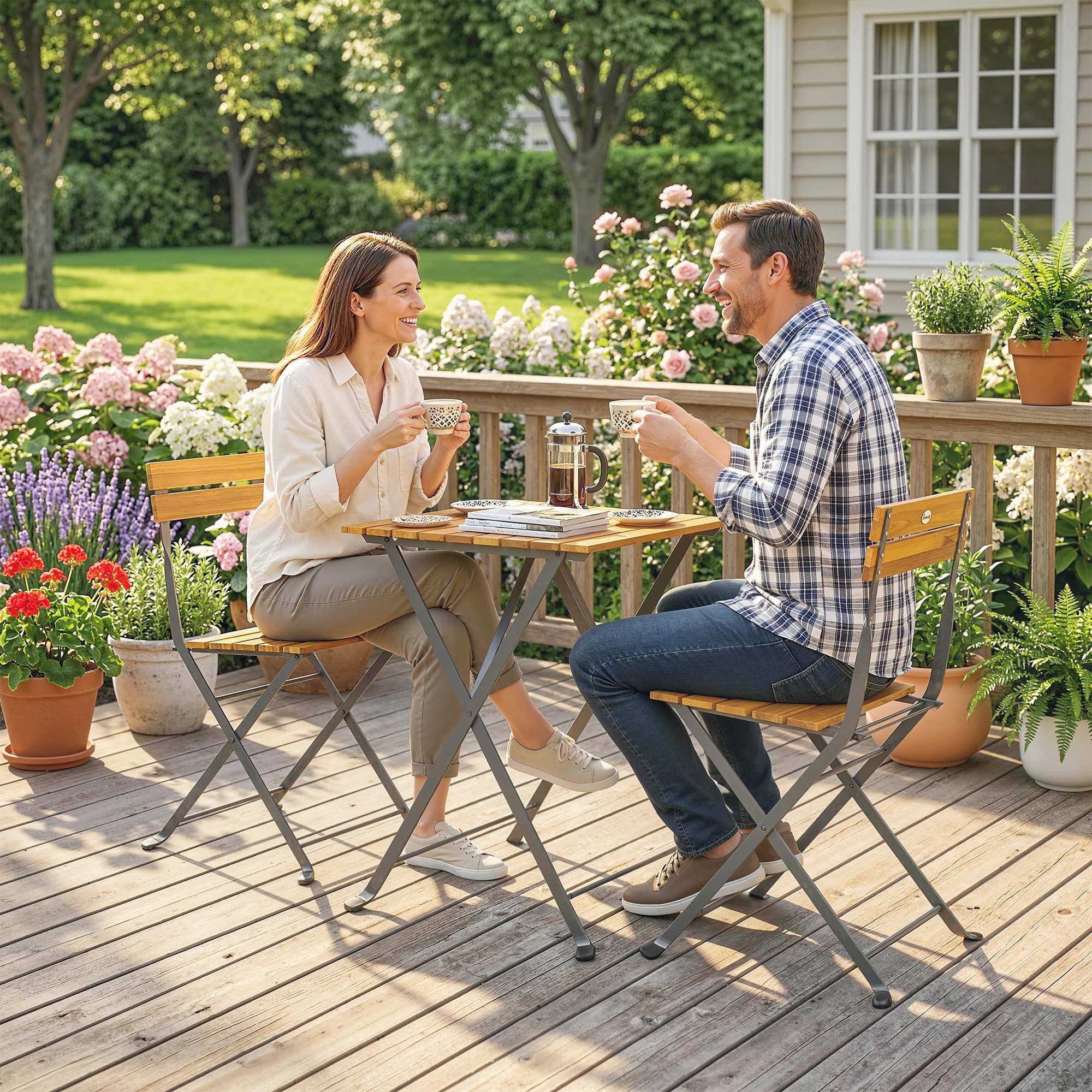 Ensemble de salle à manger 3 pièces pour 2 personnes, table pliante avec 2 chaises pliantes pour terrasse/balcon, en teck - 9