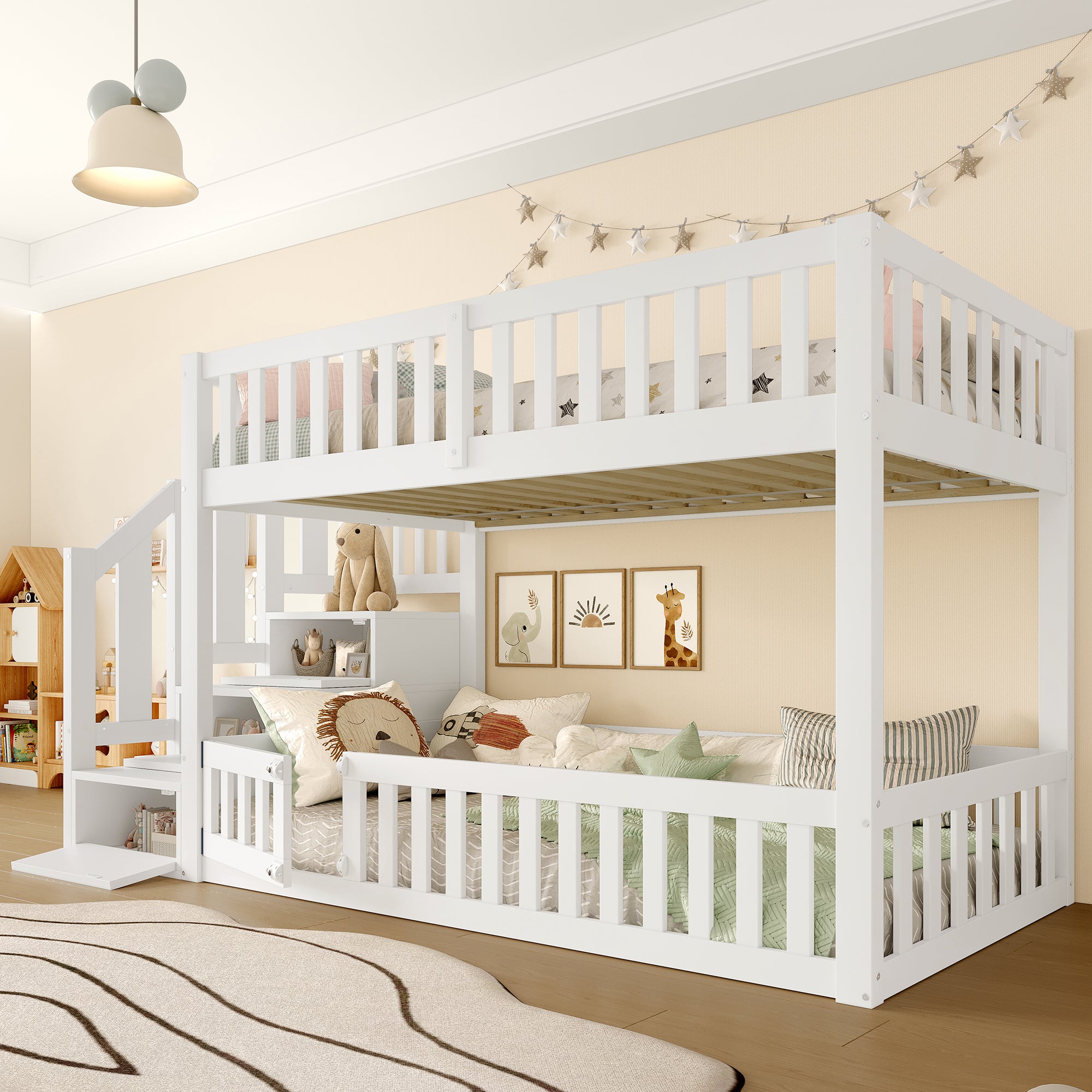 Litera Infantil 90x200 cm Blanco, Madera de Pino + MDF, Cama Baja con Escalera de Almacenamiento, Barandilla Segura - 3