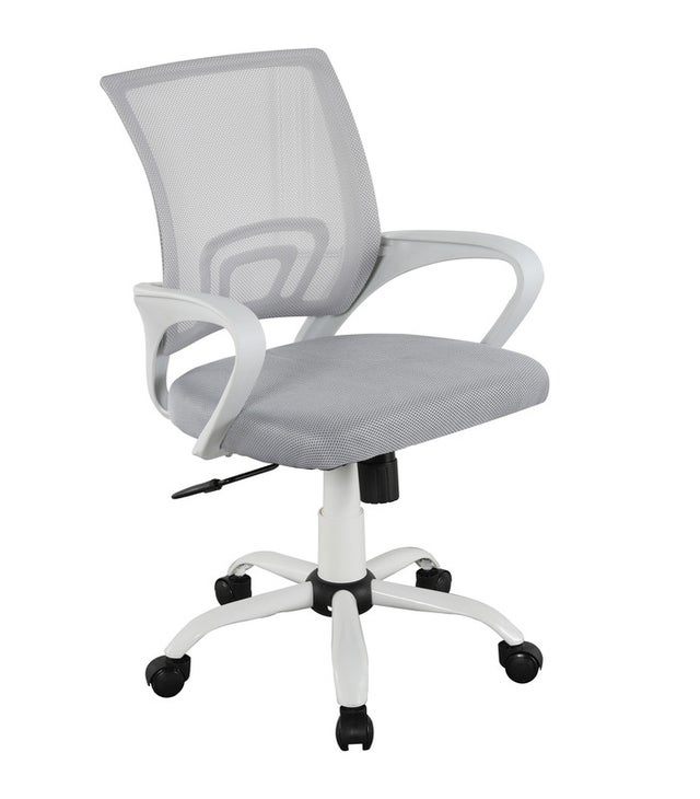 Silla de estudio infantil/juvenil con asiento textil, respaldo en rejilla transpirable y base cromada, color Blanco y Gris. Modelo Martina
