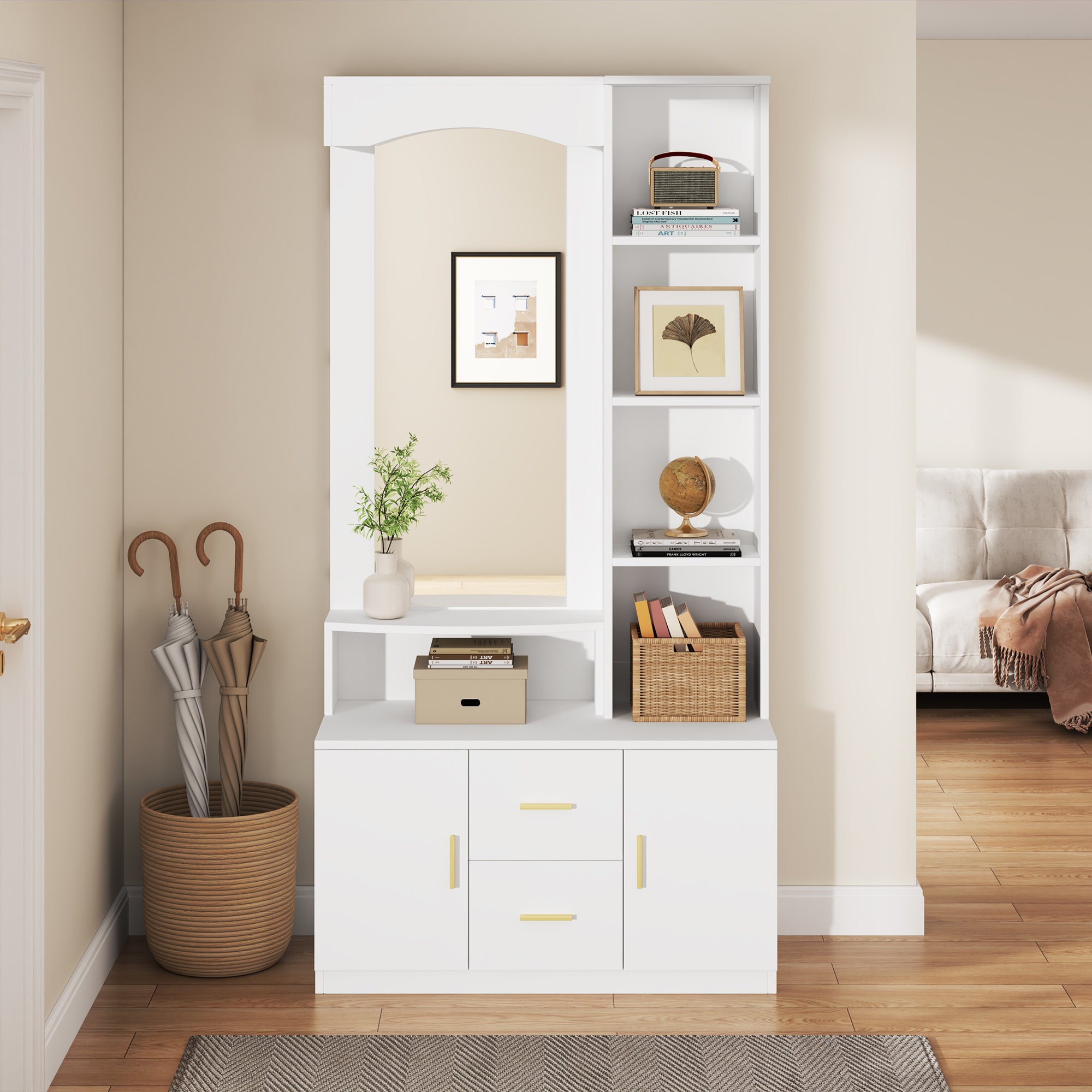 Szafka na buty z lustrem, 2 szufladami i 3 półkami - 90 x 40 x 180 cm - MDF - Biała