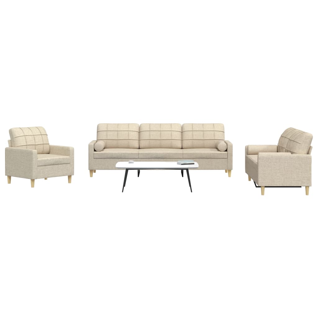 Canapé 3 Pièces VidaXL Tissu Crème - 1 Fauteuil + 2 Places + 3 Places - Cadre Acier Et Contreplaqué - Capacité 6 Personnes - 12