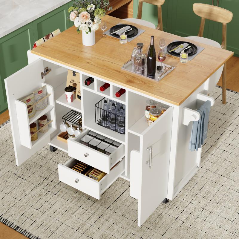 Isla de cocina rodante, encimera abatible, almacenaje: toallero, especiero, botellero – 120x73x92 cm
