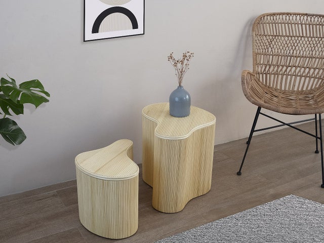 Lot de 2 tables d'appoint organiques avec rangement - Rotin - L. 52 x P. 40 x H. 45 cm et L. 43.5 x P. 30 x H. 33,5 cm - Naturel clair - MARSA