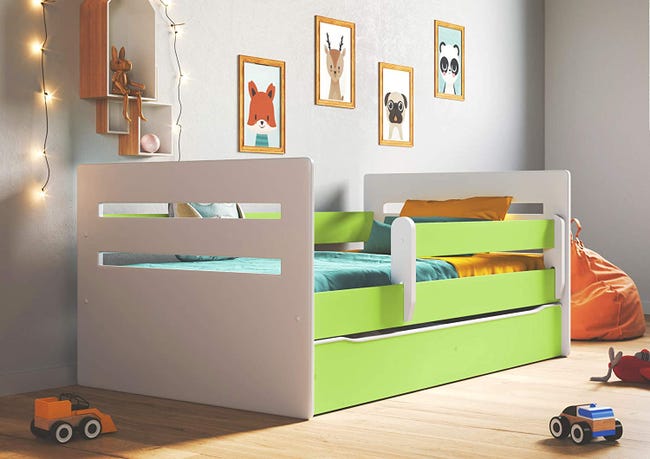 Lit enfant avec barrière de sécurité amovible blanc et vert Moly-80x160