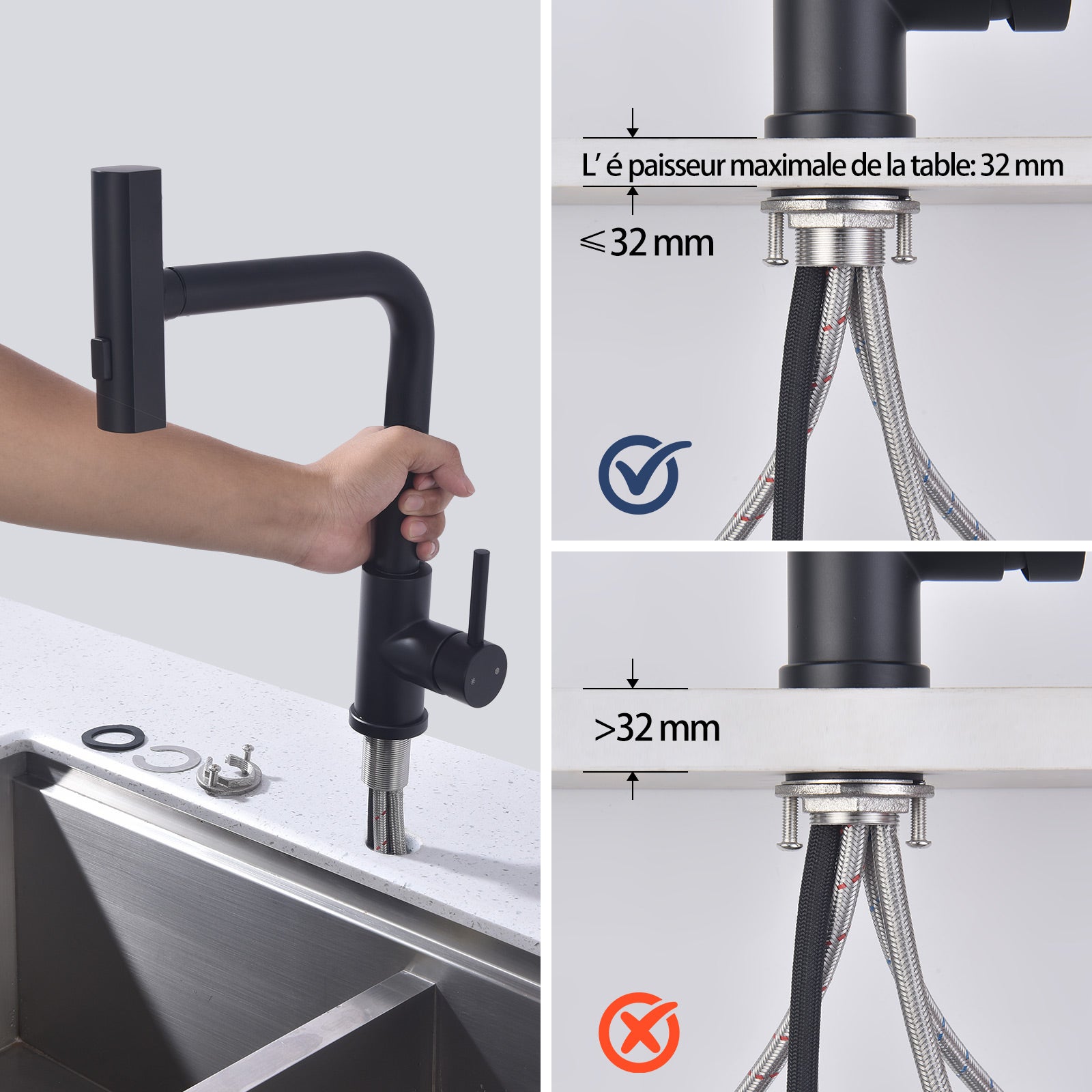Robinet de Cuisine Noir avec Douchette Extracible Mitigeur d'Évier à 3 Modes de Pulvérisation Robinet de Cuisine Monocommande, Rotatif à 360 ° - 8