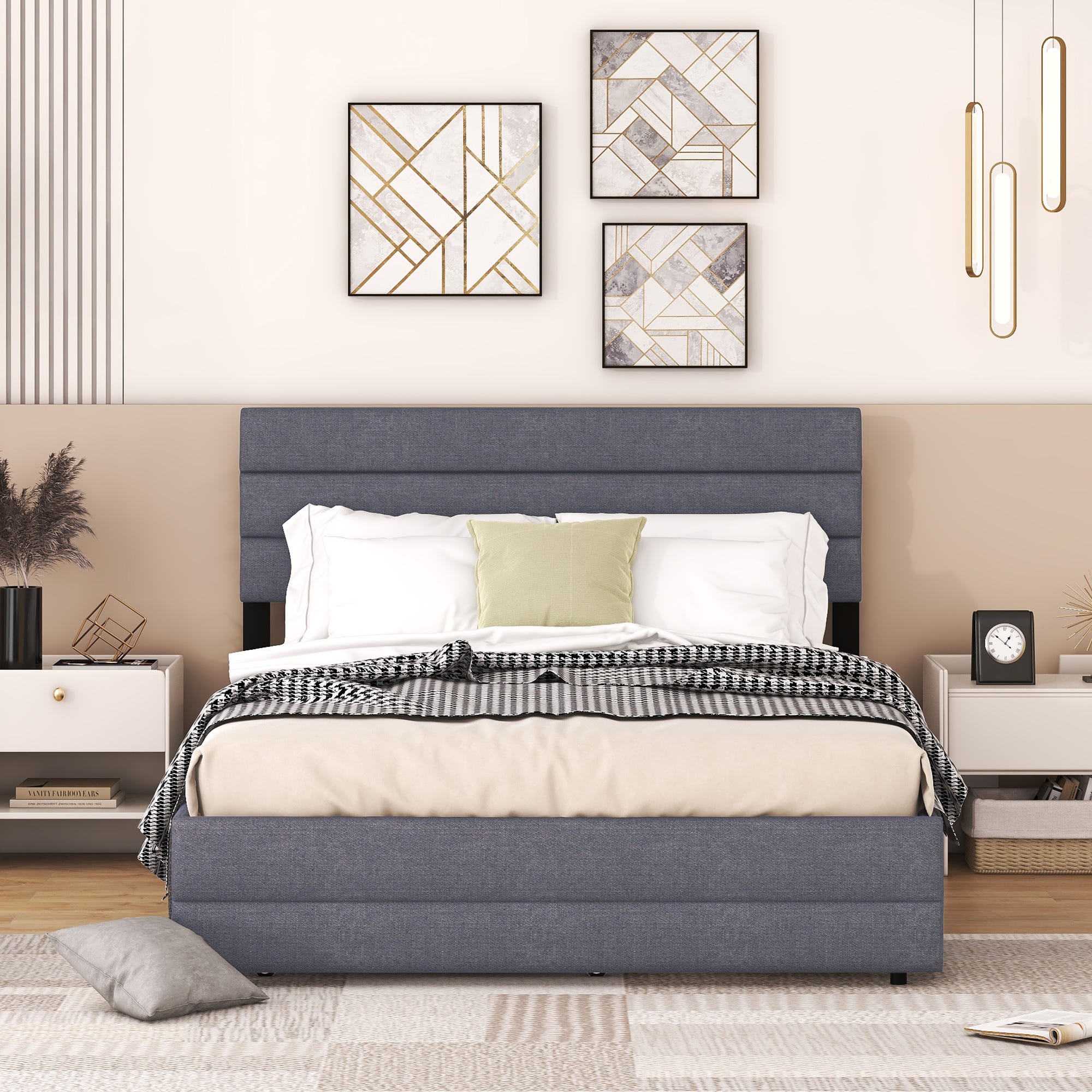 140 X 200 cm Letto matrimoniale in lino con cassetti Grigio