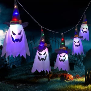 Décorations Halloween Fantômes Suspendus LED - 2 Pièces - Pour Jardin, Terrasse - Effet Lumineux & Venteux