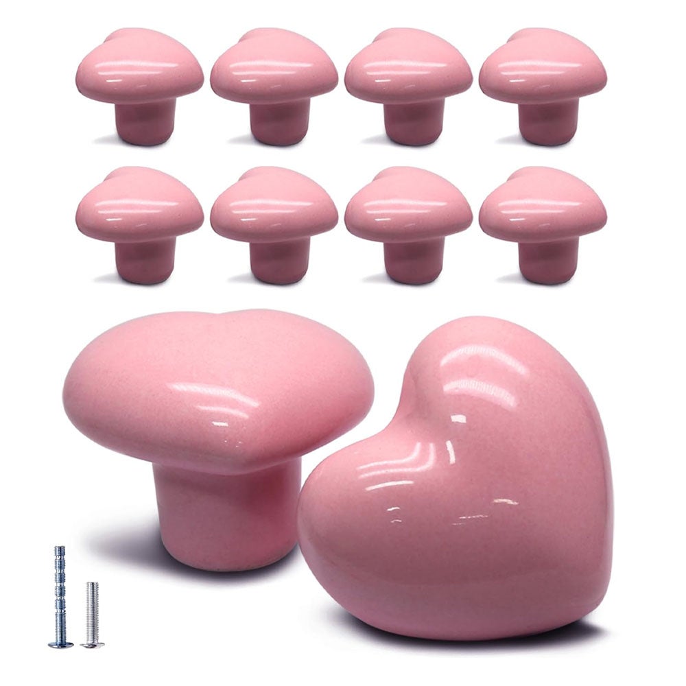 10 ceramicznych gałek do szuflad w kształcie serca, w kolorze różowym, idealnych do szafek kuchennych, szafek i garderób.