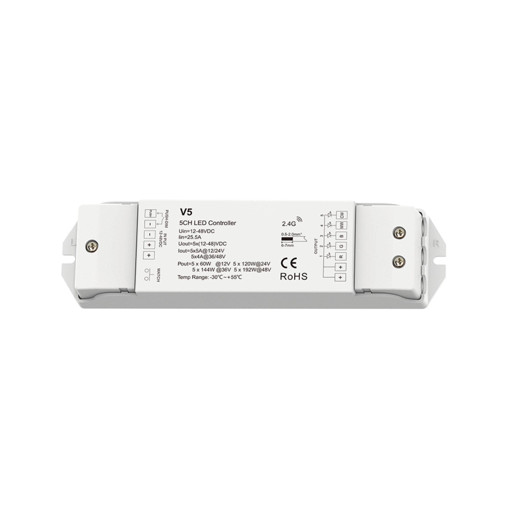 Controller RGB+CCT 12-48V DC - 25A (5A/canale) - RF 2.4G - Dimmer PUSH - Skydance - 2