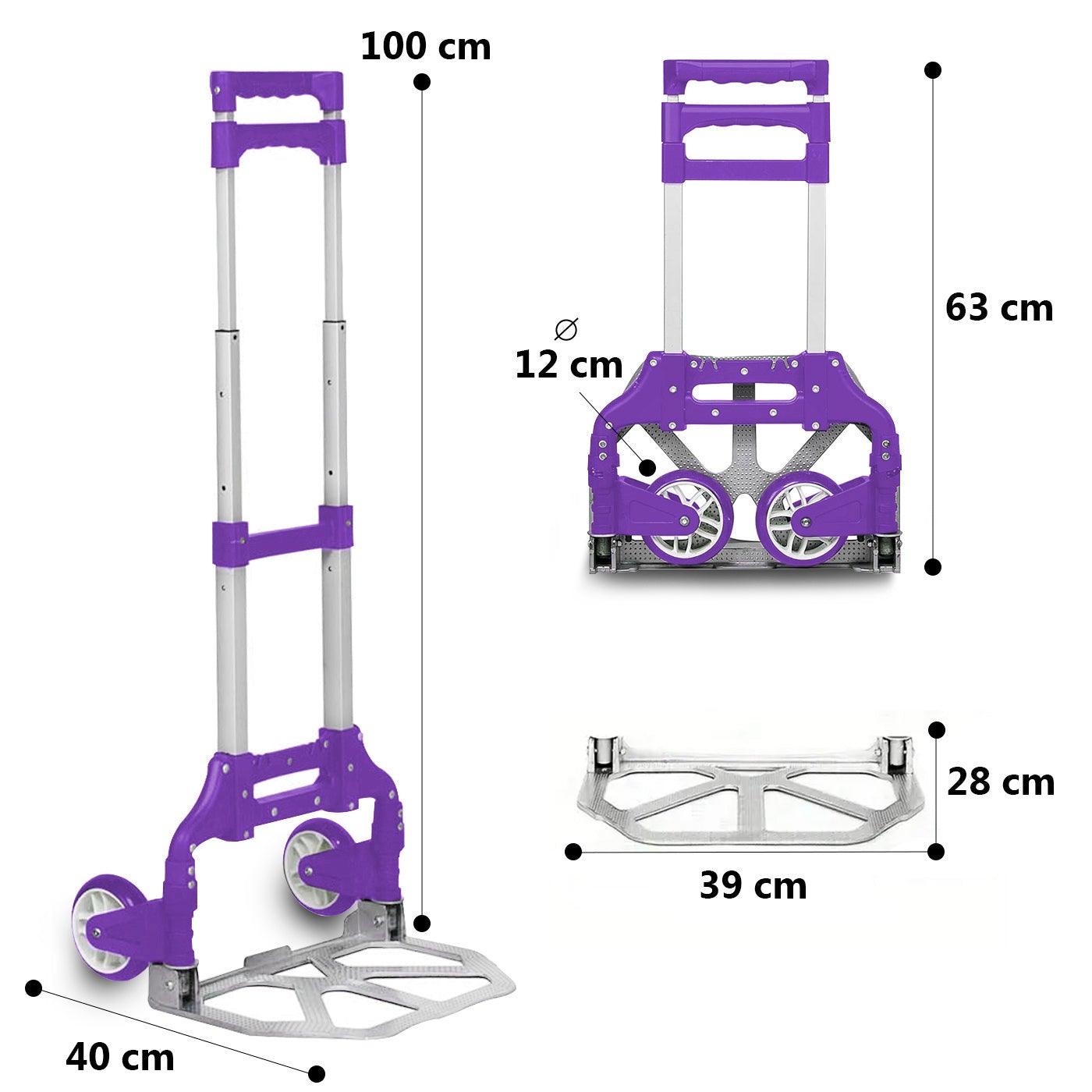 Aitsse- Carrinho de mão dobrável de alumínio + corda, suporta até 70 kg-(lilás) - 2
