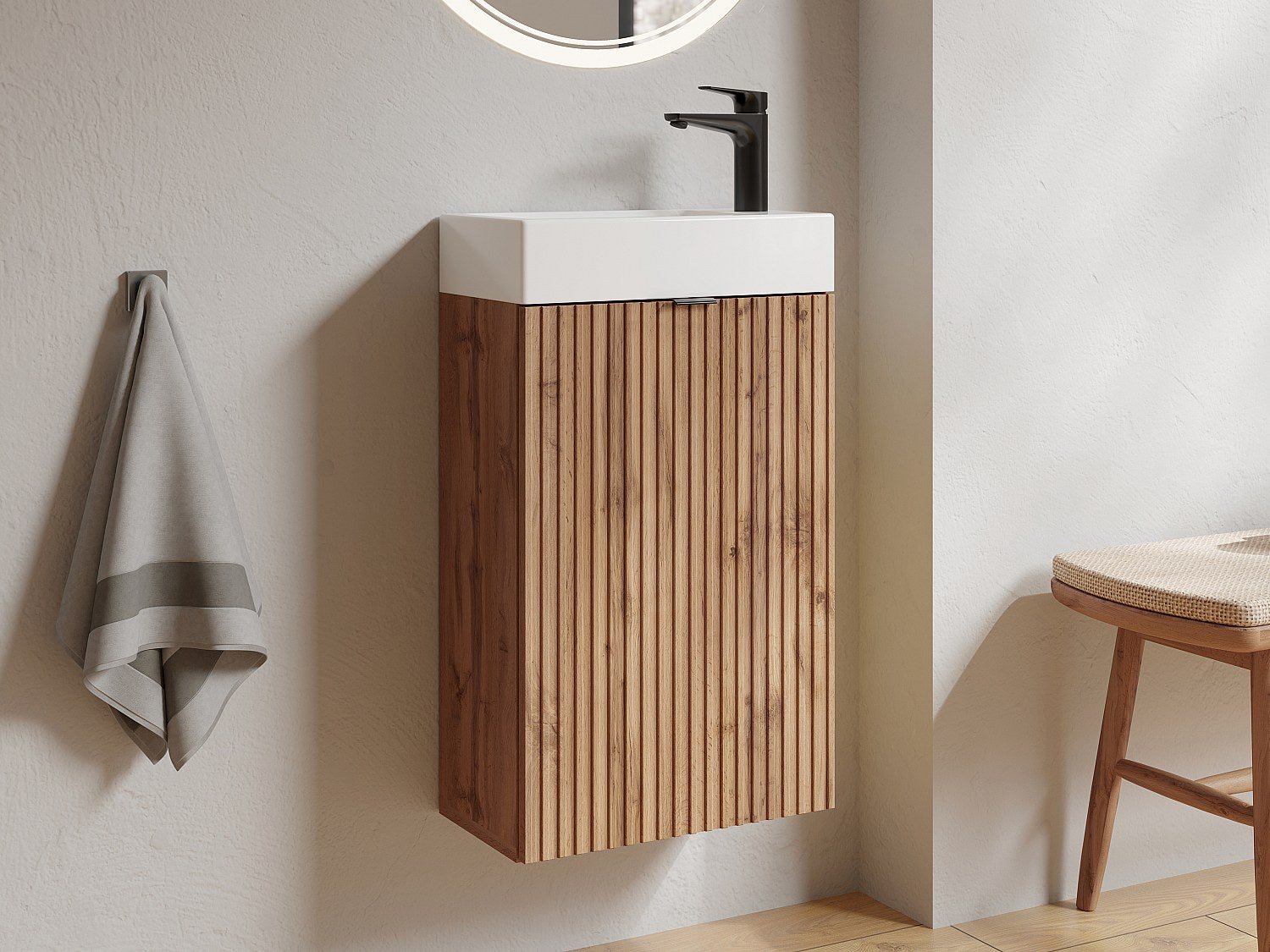 Szafka pod umywalkę ryflowana z dwustronnymi drzwiczkami naturalna jasna - wys. 60 x szer. 40 x gł. 22 cm - VAHIRA