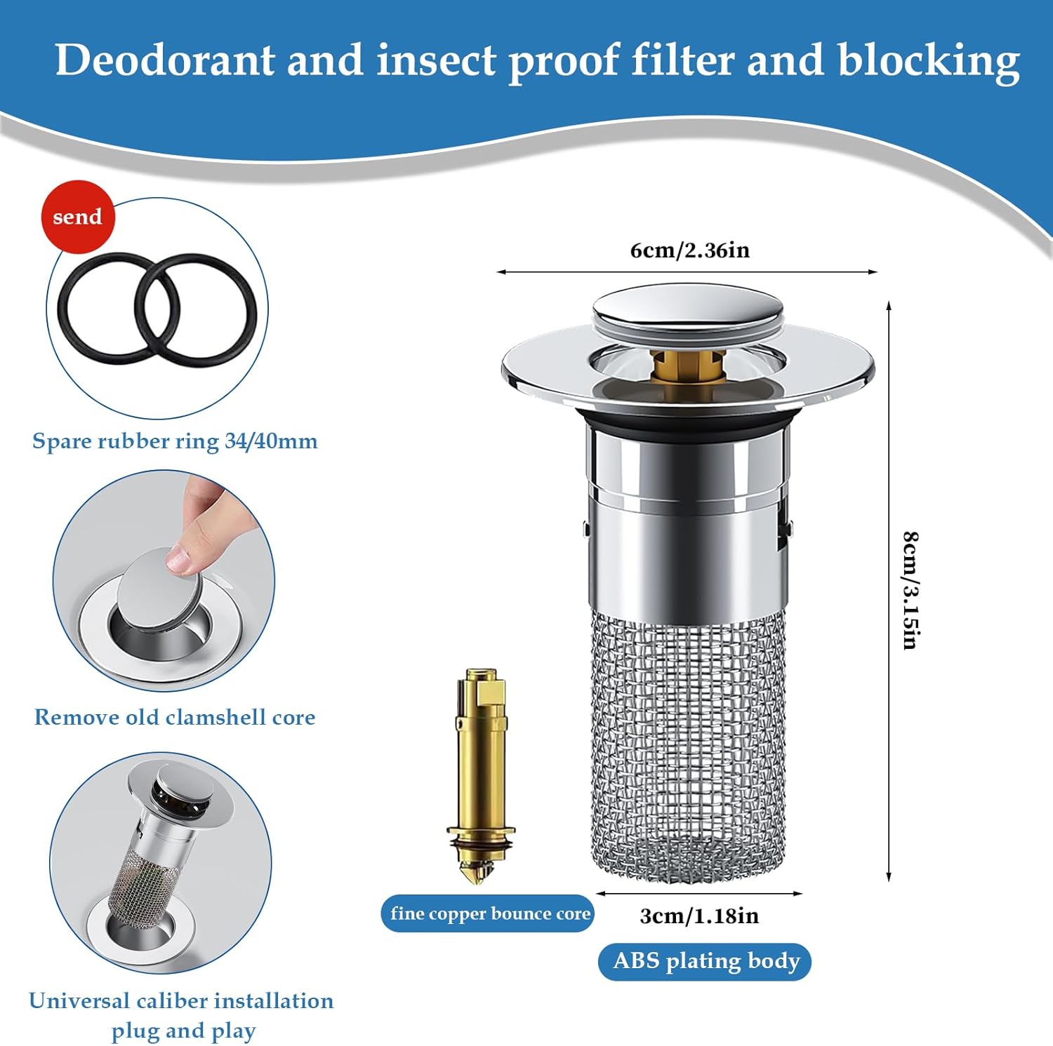 Lot de 2 Bouchons de Vidange Pop-Up 34-40mm - Acier Inoxydable 304, Avec Filtre Anti-Bloqué, Idéal pour Lavabo et Baignoire - 2