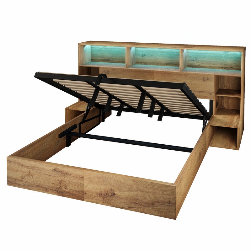 Lit 180x200 avec LED et USB, Lit Coffre 180x200 avec tables de chevet intégrées et hydrauliques, Cadre de lit En bois chêne (Sans Matelas) - 9