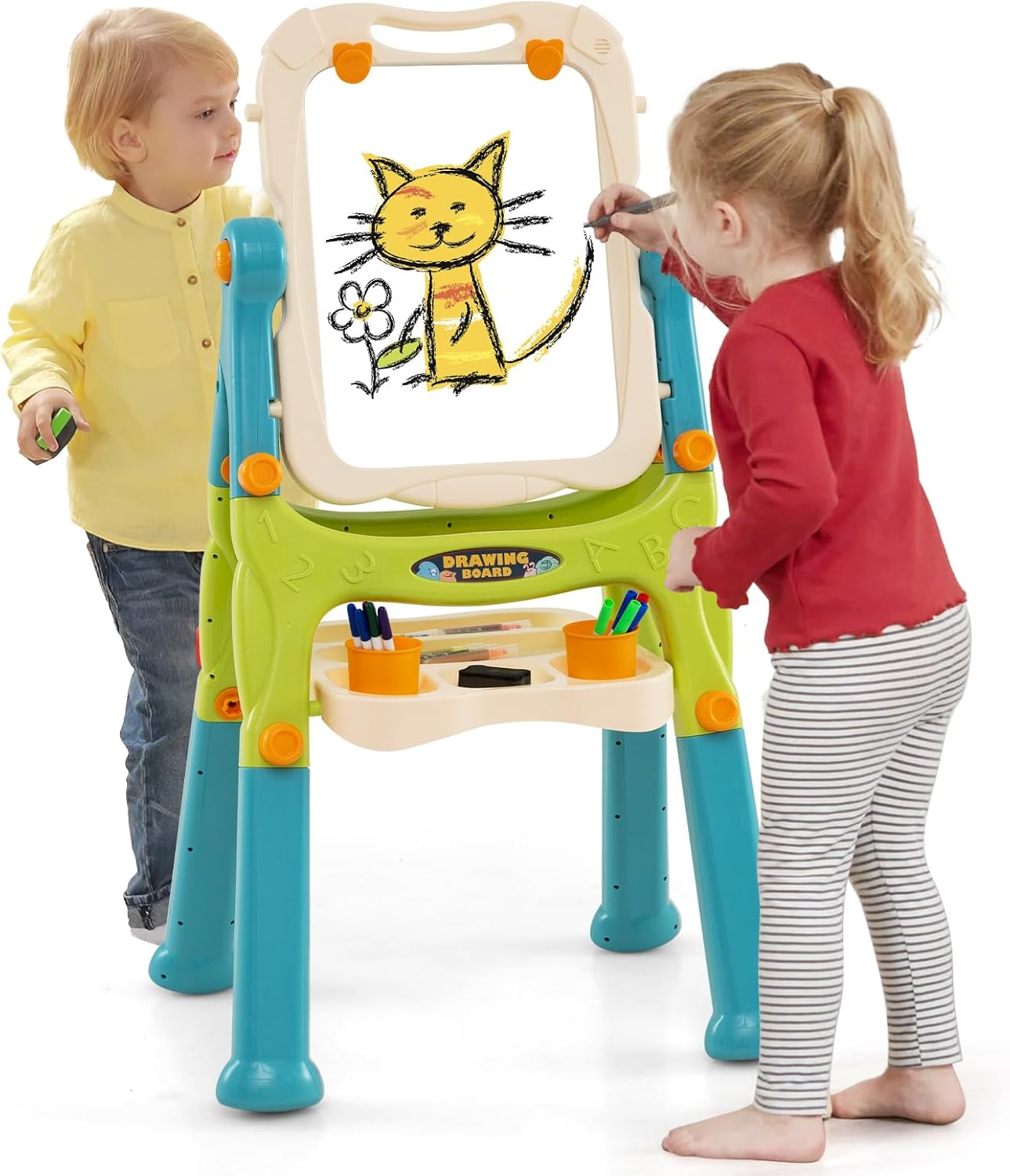Sztaluga dla Dzieci Dwustronna Biało-Czarna, z Obrotową Tablicą do Malowania, Półką do Przechowywania, dla Dzieci Powyżej 3 Lat (Zielona)