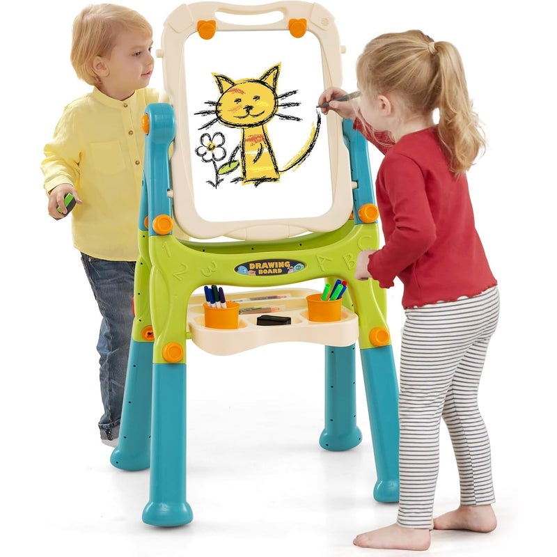 Sztaluga dla Dzieci Dwustronna Biało-Czarna, z Obrotową Tablicą do Malowania, Półką do Przechowywania, dla Dzieci Powyżej 3 Lat (Zielona)