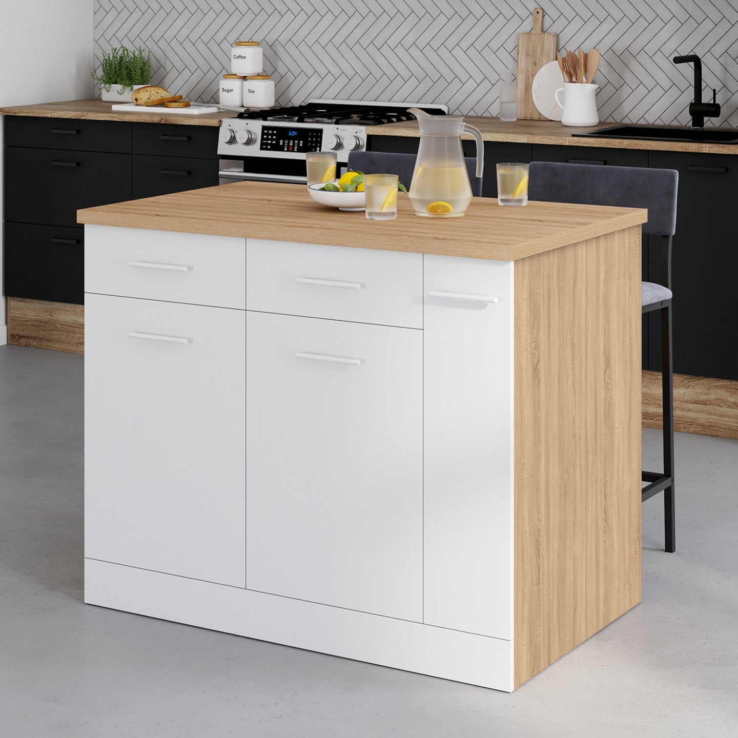 Ilot central ALTO portes avec rangements, tiroirs, rangement coulissant et plan de travail façon hêtre et blanc - 5