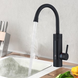 Robinet de Cuisine Électrique Robinet Électrique 3kW pour Lavabo ou Évier Robinet LED avec Chauffe-eau Instantané Mitigeur Noir Rotatif 360°